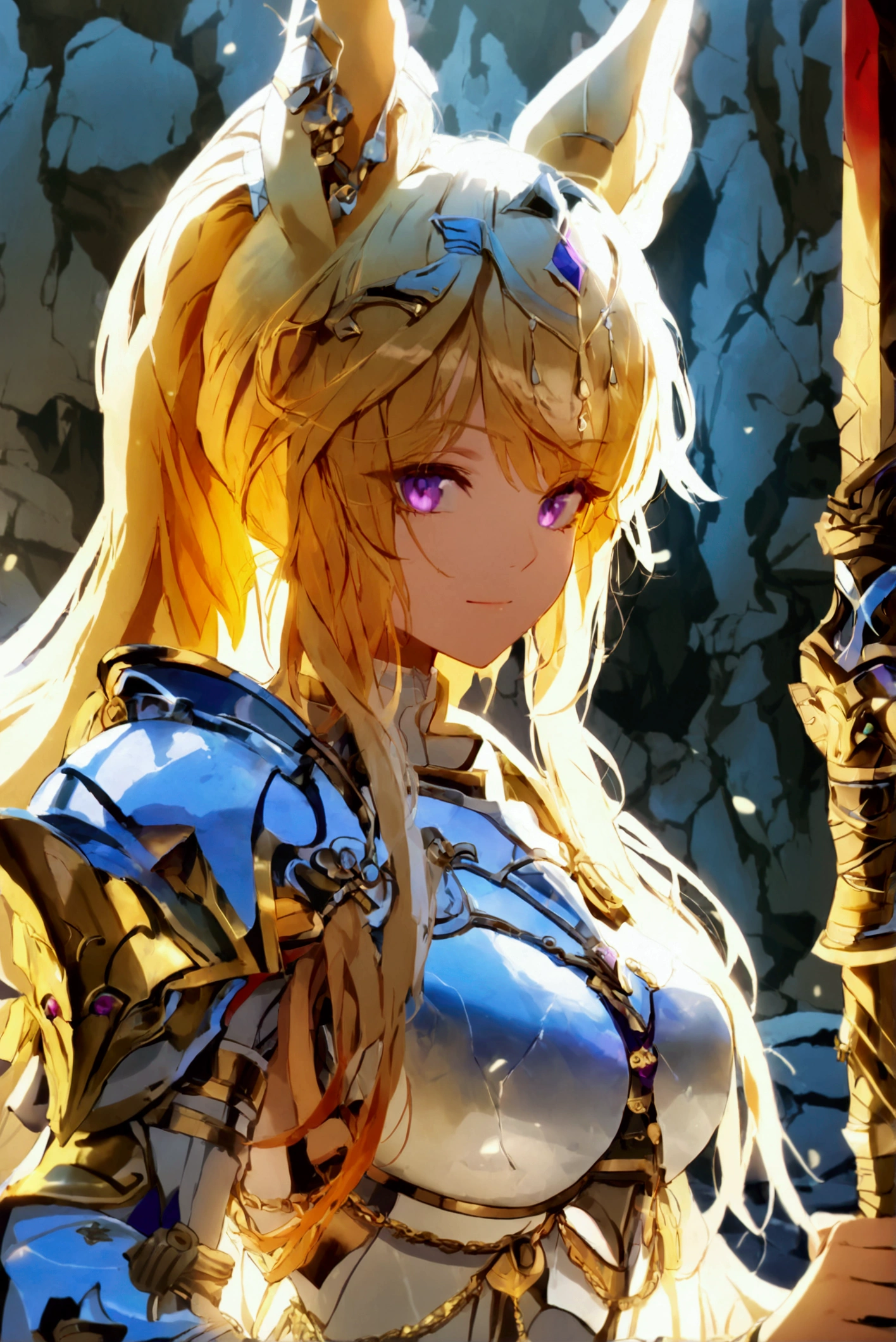 Artoria Lancer, Mulher Madura, elegante, cabelo loiro, olhos verdes, Curvilíneo, coroa, Ombro nu, tronco, Resolução 4k, alta qualidade, Hyperresolution,accuracy,Detailed rendering,(Subtle facial image)(Image of fine hair)(topquality)(Masterpieces of masters)(High degree of completeness)(A sense of atmosphere)tmasterpiece,Super detailed and super detailed(portrait), long blonde hair, (((twin braids)))(((ANKLE LENGTH HAIR))) (((Sakimichan))) (((blonde)))((Armor)) ((Halberd))) (((warrior))) (((Tanned skin)))