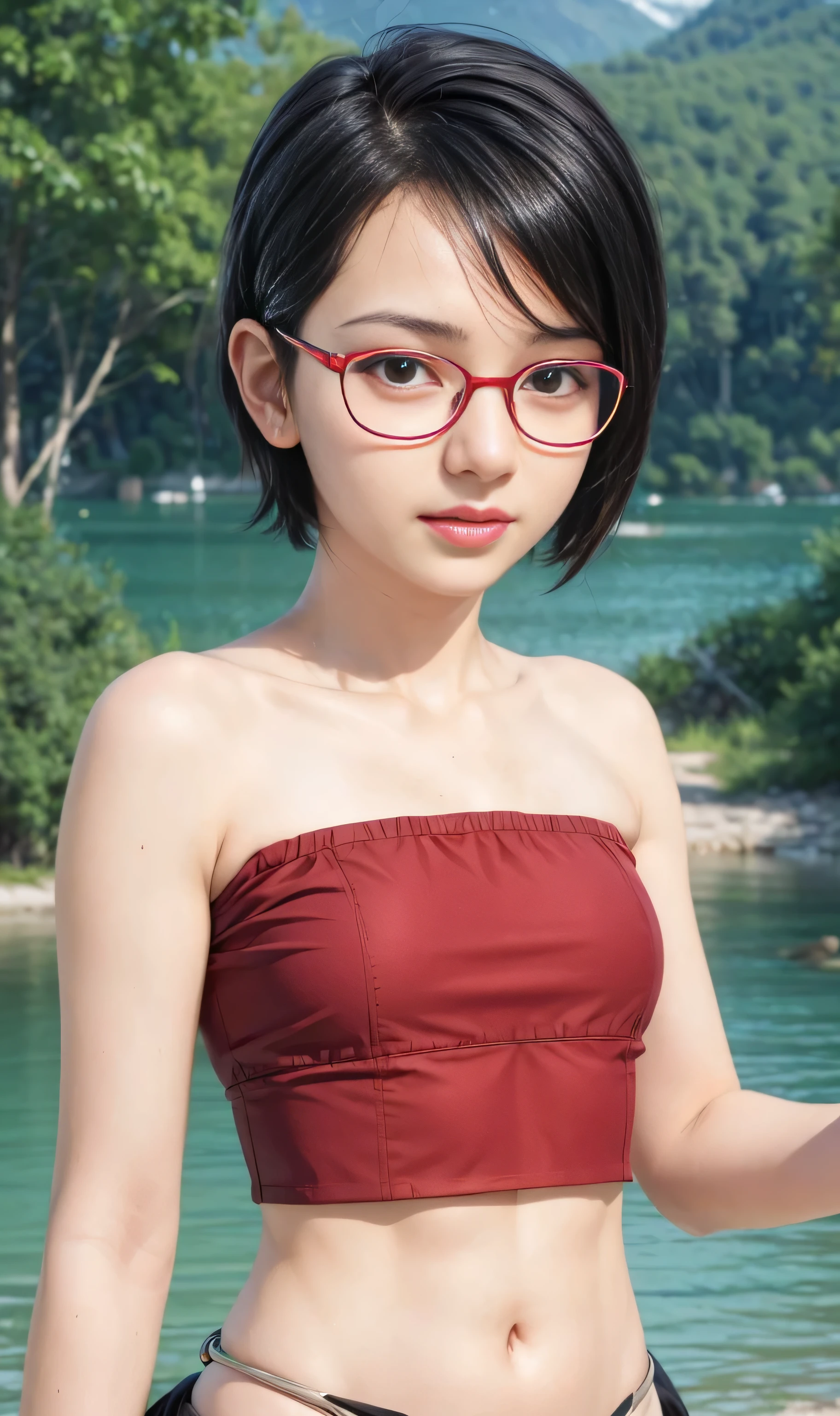 masterpiece, best quality, (realistic,photo-realistic:1.4), (RAW photo:1.2), extremely detailed CG unity 8k wallpaper, delicate and beautiful, amazing,finely detail, official art, absurdres, incredibly absurdres, huge filesize, ultra-detailed,extremely detailed eyes and face,light on face,(little smile),(wearing red framed glasses:1.4),sarada,(black hair:1.4),(undercut hair:1.6),(wearing tubetop:1.4),(lake background:1.4),