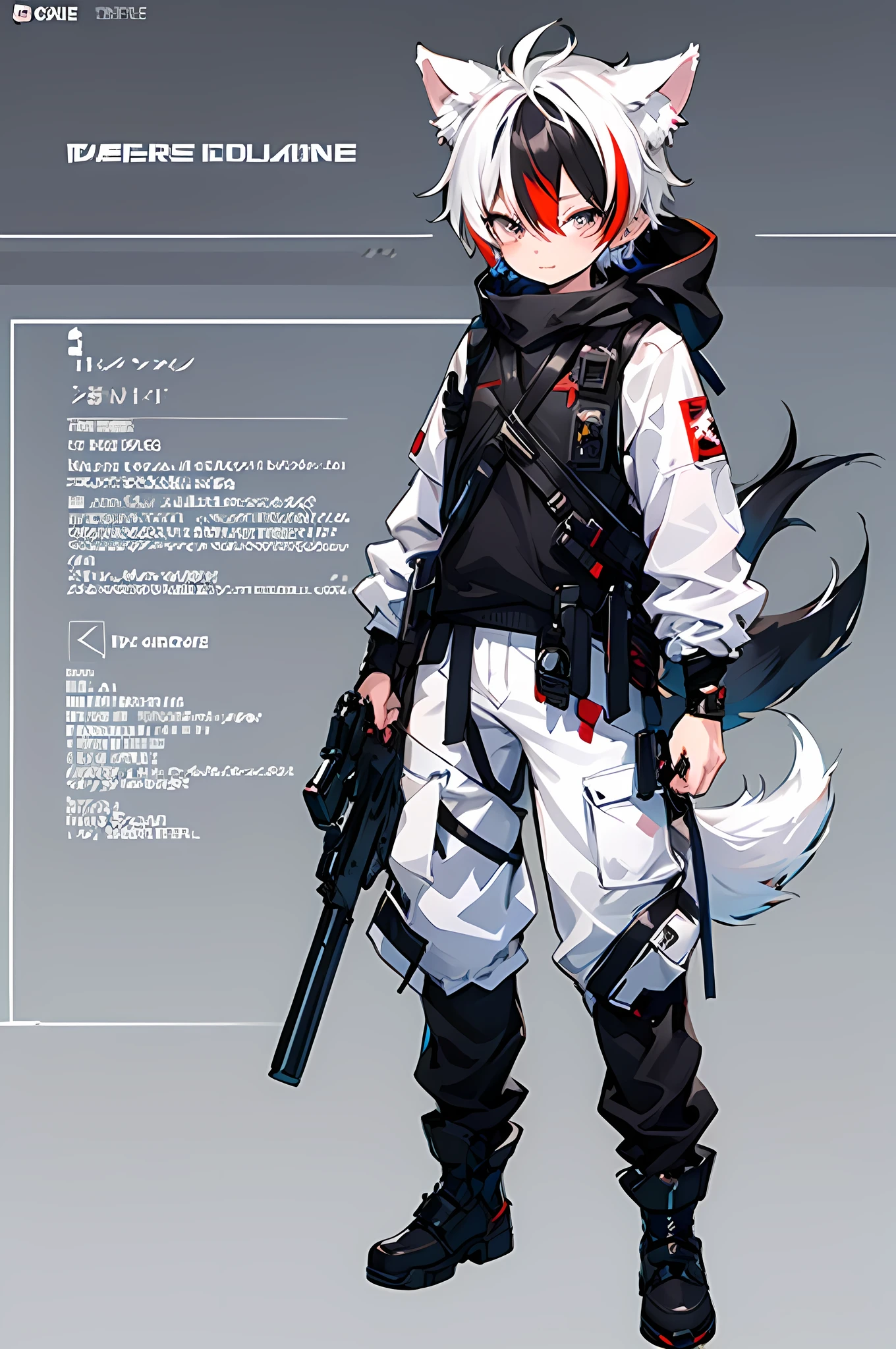Game CG, 8K quality ,((one boy)),hood , anime male protagonist ,Wolf ears,Tail,Slim, 8K quality ,((one boy)),hood , anime male protagonist ,Wolf ears,Tail,,multicolored hair,suffering , Injuried, Headwear ,White Combat Suit , Black Combat Vest , White Trousers , fingerless gloves,Combat Boots ,Full body portrait ,fighting stance,looking to the side,one hand on own chest,wielding gun ,outline,projected inset,(Alone),Soldier,Assault Attack