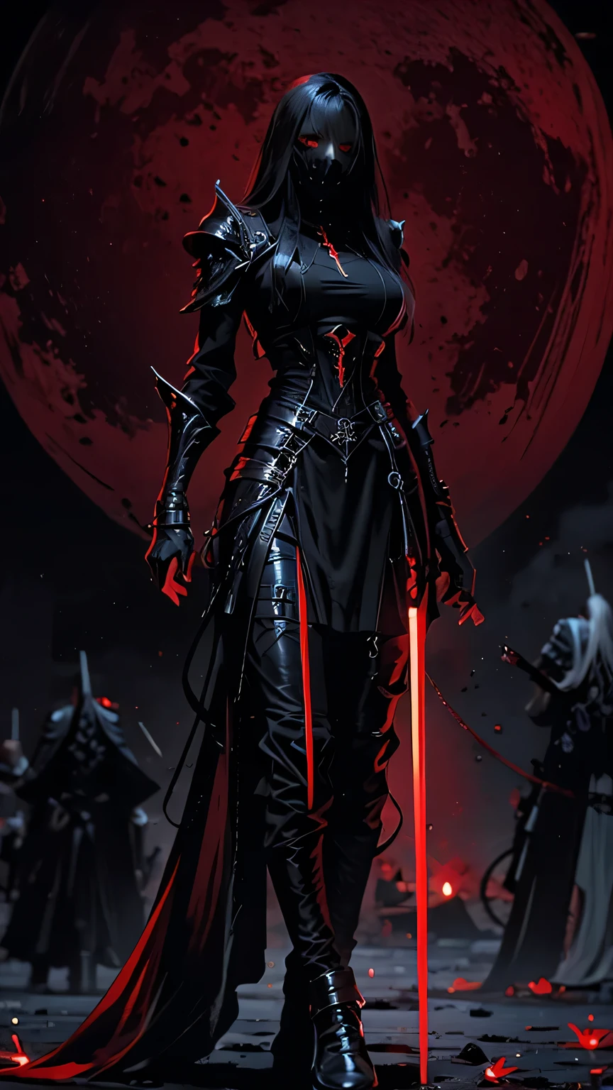 woman, ultra high details, armor, dark fantasy, grim background, bloom, assassin, red glowing eyes, dark environment, walking, bloody ground,