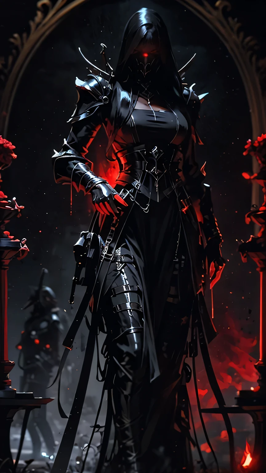 woman, ultra high details, armor, dark fantasy, grim background, bloom, assassin, red glowing eyes, dark environment, walking, bloody ground,