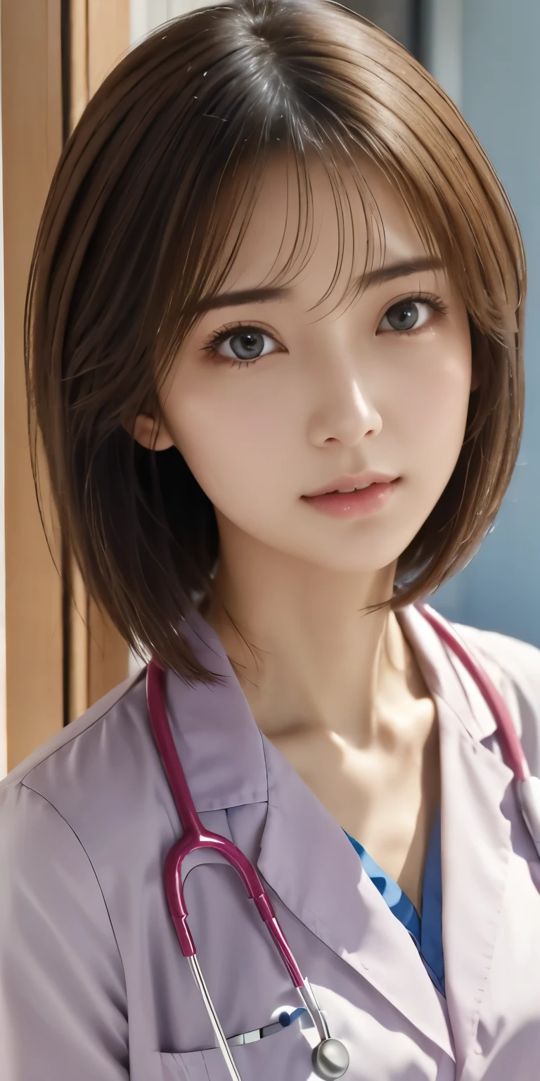 (1 Girl)、(Beautiful Japanese、18years old,round face、Refreshing、clear、seems kind、stylish、Pitiful、cute like an angel、cute、black eyes、,actress,Almond-shaped eyes,Translucent white skin、Beautiful skin), Good style , (((Beautiful big breasts:1.2))),(((soft breasts))),(very cute),(Black hair),(short bob hair),(enchanting eyes),(highlight on eyes:1.2)、(8K、Live shooting、highest quality、masterpiece:1.2、optimal lighting)、((masterpiece)),(Photo taken by a professional photographer),(real、photo real:1.4),break,{ (White nurse costume),(((taraditional nurse uniform)))},(A shy smile),(tears:1.4))(cheeks are red:1.2), break, break,,School,Face shot:1.3、looking at viewer, face close-up,Looking up、Cleavage:1.5、Peering in with a worried look on his face。(((Looking back))),Weak face,From below