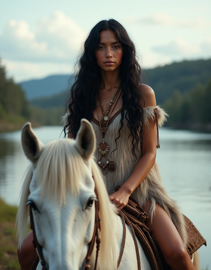 (photorealism, UHD) :((A beautiful indigenous Iroquois woman  , Iroquois Indian),without makeup,face of an Indian woman 20 years old )),  long black curly hair ,  pretty face ,  full body image ,  high detail image , symmetry, wolf fur garment ,amulets ,girl from the Iroquois tribe in national historical clothes, sits on top of her beautiful big beautiful muscular white horse,barebacked, against the backdrop of the river and the beautiful scenery of America and the Great Lakes ,