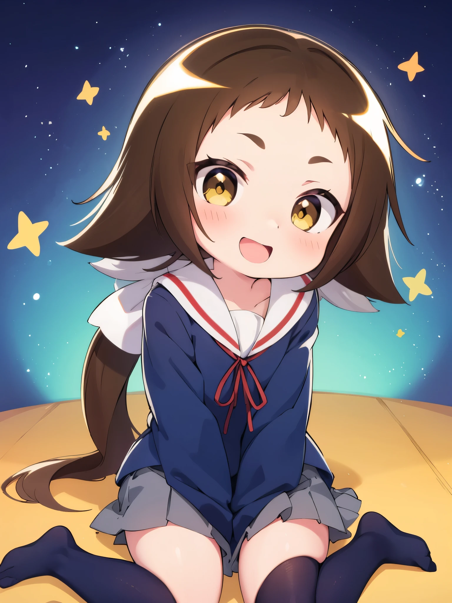 (((((**** face))))),(((((Mimine Mashiro))))),(((((Unconfirmed and ongoing))))),(((Star pattern background))),(((many spoken heart))),((( ponytails))),((( smaller))),((( is embarrassing))),(((((blush))))),((( yellow eyes))),((((( elementary school students))))),((((( super mini skirt ))))),(((((whole body))))),(((((Navy blue uniform))))),((((( is short))))),((( white skin))), panties visible ,((((( s体型))))),(((((Thighs))))),((((( s))))),( chibi),(Best Quality),masterpiece,Best Quality, Hi-Res, very detailed,ultra  Hi-Res,One person, I feel the audience ,Detailed costume, skin texture, Movie Lighting, professional lighting with falling leaves,((((( s))))), white panties,( flat chest),(a bit),cute,(((smile))),(((Brown Hair))),sleeves past wrists, characters with open mouth ,fang, sitting