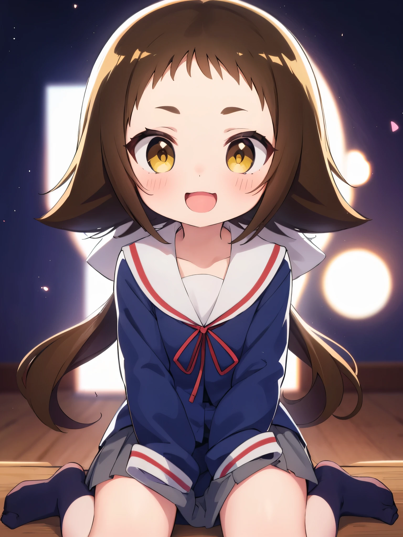 (((((**** face))))),(((((Mimine Mashiro))))),(((((Unconfirmed and ongoing))))),(((Star pattern background))),(((many spoken heart))),((( ponytails))),((( smaller))),((( is embarrassing))),(((((blush))))),((( yellow eyes))),((((( elementary school students))))),((((( super mini skirt ))))),(((((whole body))))),(((((Navy blue uniform))))),((((( is short))))),((( white skin))), panties visible ,((((( s体型))))),(((((Thighs))))),((((( s))))),( chibi),(Best Quality),masterpiece,Best Quality, Hi-Res, very detailed,ultra  Hi-Res,One person, I feel the audience ,Detailed costume, skin texture, Movie Lighting, professional lighting with falling leaves,((((( s))))), white panties,( flat chest),(a bit),cute,(((smile))),(((Brown Hair))),sleeves past wrists, characters with open mouth ,fang, sitting