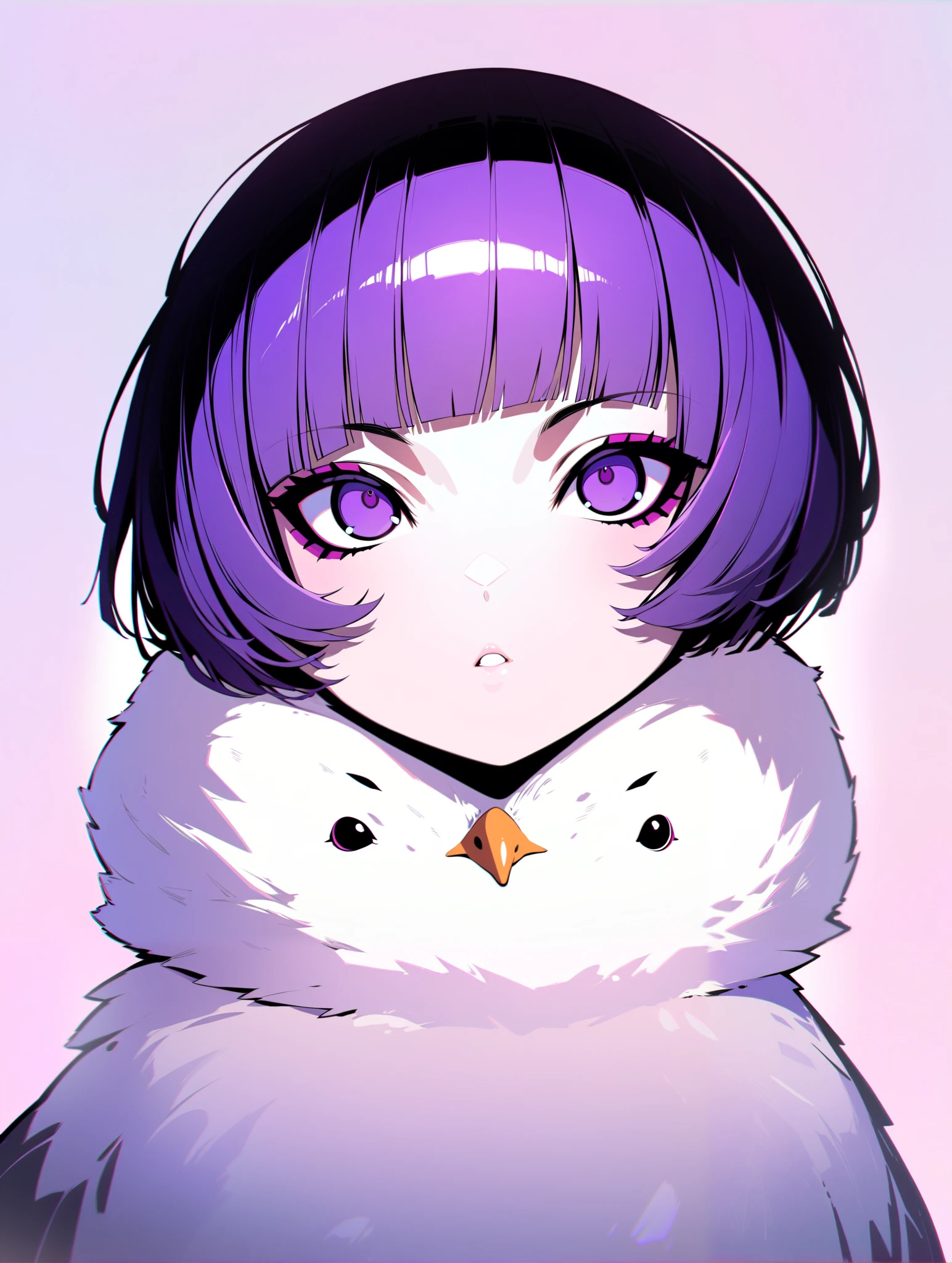 {{{Shincos (Shincos),  Kuvshinov Ilya ( Kuvshinov Ilya), no human}}},  1 girl, 1 bird,  short hair,  purple , Open your lips a little,  watching viewers,  Facial beauty, Bird sitting on shoulder , Plain background, White background.