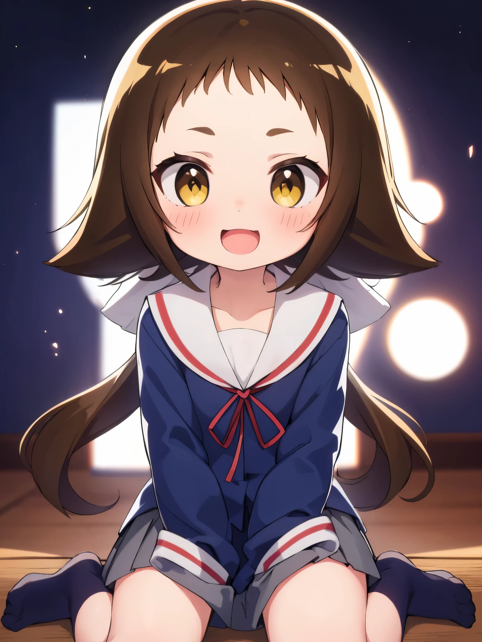 (((((**** face))))),(((((Mimine Mashiro))))),(((((Unconfirmed and ongoing))))),(((Star pattern background))),(((many spoken heart))),((( ponytails))),((( smaller))),((( is embarrassing))),(((((blush))))),((( yellow eyes))),((((( elementary school students))))),((((( super mini skirt ))))),(((((whole body))))),(((((Navy blue uniform))))),((((( is short))))),((( white skin))), panties visible ,((((( s体型))))),(((((Thighs))))),((((( s))))),( chibi),(Best Quality),masterpiece,Best Quality, Hi-Res, very detailed,ultra  Hi-Res,One person, I feel the audience ,Detailed costume, skin texture, Movie Lighting, professional lighting with falling leaves,((((( s))))), white panties,( flat chest),(a bit),cute,(((smile))),(((Brown Hair))),sleeves past wrists, characters with open mouth ,fang, sitting