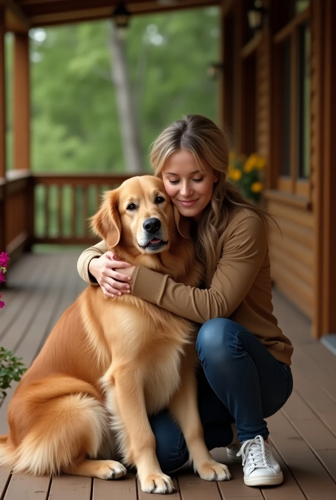 The photo shows a Golden Retriever dog, sitting next to the . A hugs a dog . In the background is a wooden porch or terrace . Flowers are visible in the pot on the right .
