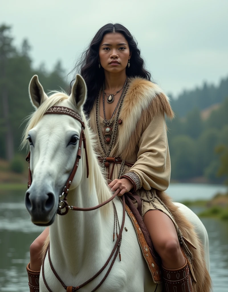 (photorealism, UHD) :((A beautiful indigenous Iroquois woman  , Iroquois Indian),without makeup,face of an Indian woman 20 years old )),  long black curly hair ,  pretty face ,  full body image ,  high detail image , symmetry, wolf fur garment ,amulets ,girl from the Iroquois tribe in national historical clothes, sits on top of her beautiful big beautiful muscular white horse,barebacked, against the backdrop of the river and the beautiful scenery of America and the Great Lakes ,