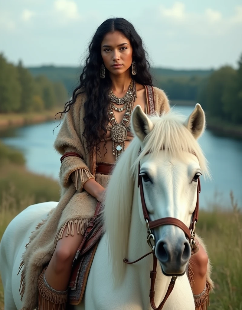 (photorealism, UHD) :((A beautiful indigenous Iroquois woman  , Iroquois Indian),without makeup,face of an Indian woman 20 years old )),  long black curly hair ,  pretty face ,  full body image ,  high detail image , symmetry, wolf fur garment ,amulets ,girl from the Iroquois tribe in national historical clothes, sits on top of her beautiful big beautiful muscular white horse,barebacked, against the backdrop of the river and the beautiful scenery of America and the Great Lakes ,