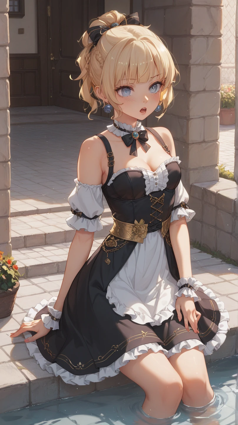 Short blonde hair, golden eyes, lolita, adventurer