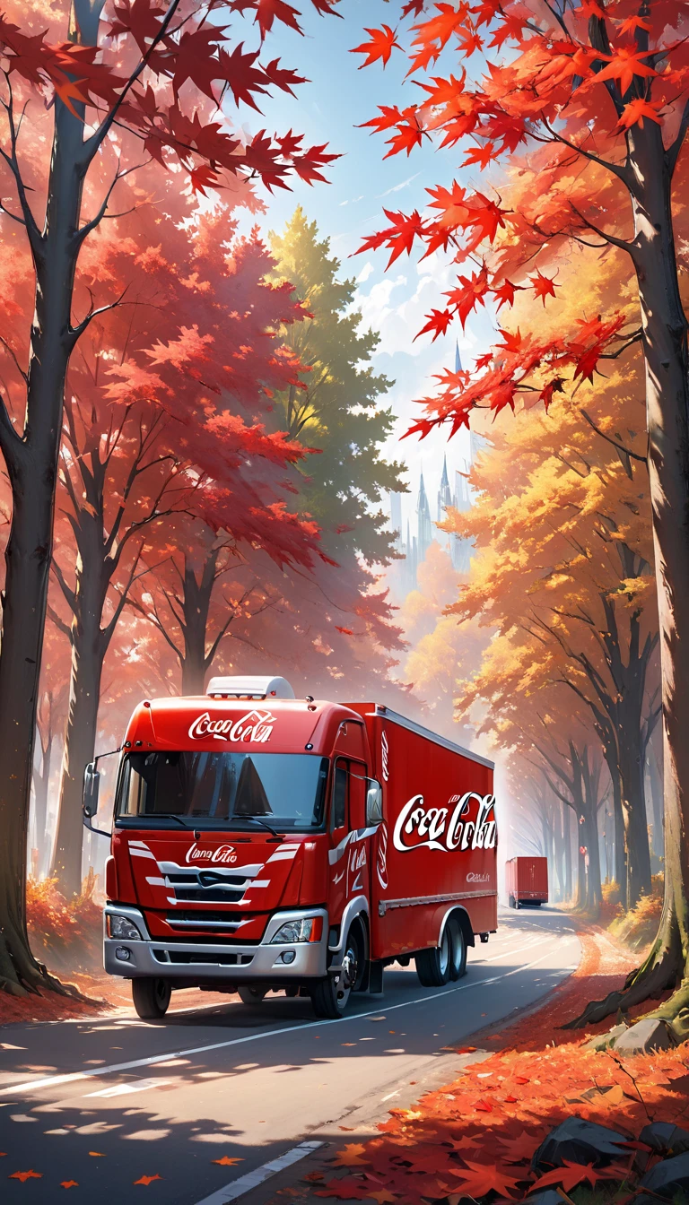 Best Quality、masterpiece、 ultra high resolution 、 location Canada 、 Maple Tree 、The season is autumn、 red maple 、Deciduous trees 、 maple leaves dance 、 Coca Cola truck runs through the woods 、table、 Coca Cola glass 、グラスはtableの上。 truck horn 、 large red trailer can be seen in the distance