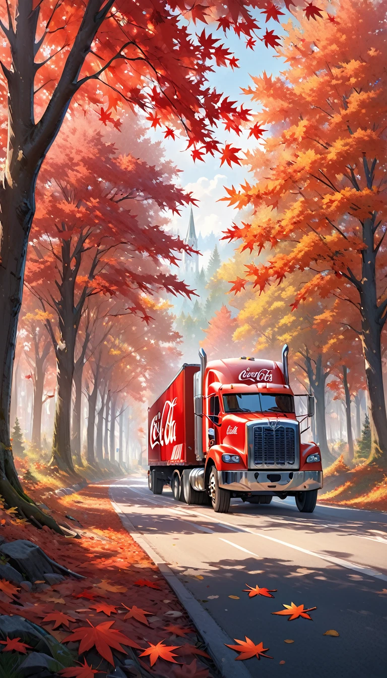 Best Quality、masterpiece、 ultra high resolution 、 location Canada 、 Maple Tree 、The season is autumn、 red maple 、Deciduous trees 、 maple leaves dance 、 Coca Cola truck runs through the woods 、table、 Coca Cola glass 、グラスはtableの上。 truck horn 、 large red trailer can be seen in the distance