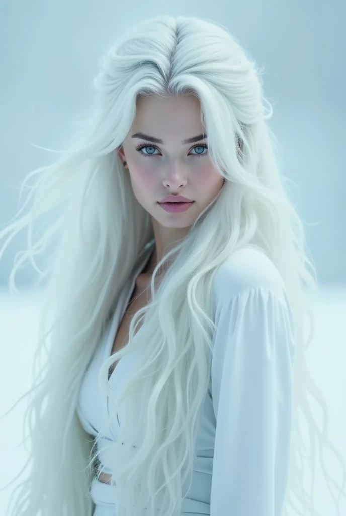 Make a young woman with long white hair and clear blue eyes like the ...