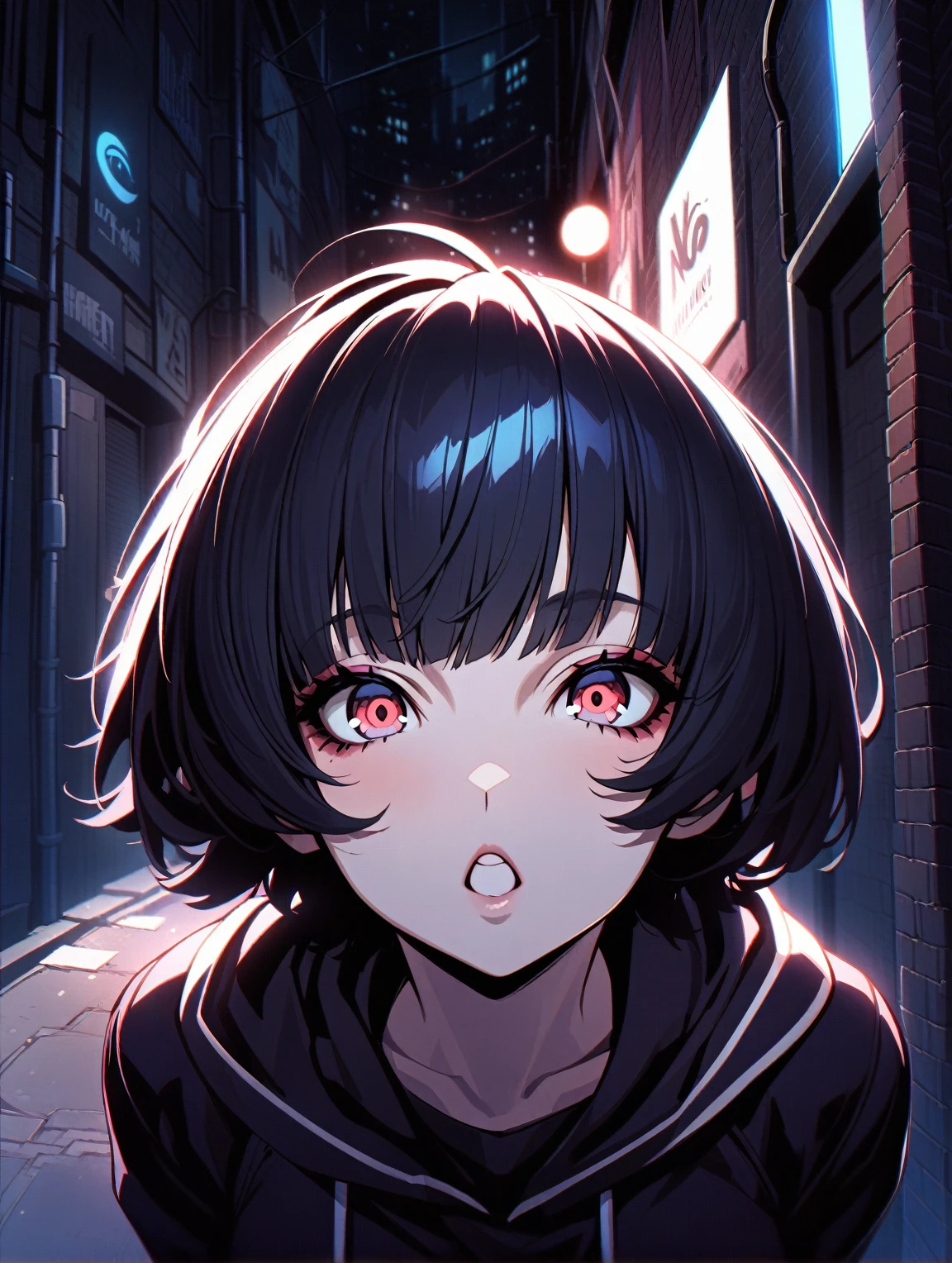 {{{Shincos (Shincos),  Kuvshinov Ilya ( Kuvshinov Ilya), no human}}},  1 girl,  short hair, blue, Open your lips a little,  watching viewers,  Facial beauty,  bust up,  Back alley of the city,  Midnight Back Alley