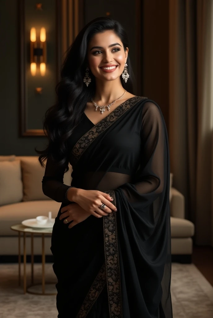 Malay girl, long gray hair, shaggy bob hair with bangs, wear black baju kebaya, laughing and posing with hand on hip, front view, windy, detail skin, age spot, detail skin texture, mole below eyes, small breast, flat chest, wide hips, small waists, thick thighs, slim abs, beautiful body, nighttime, laughing, happy, bright lighting, living room, blur background, bokeh,