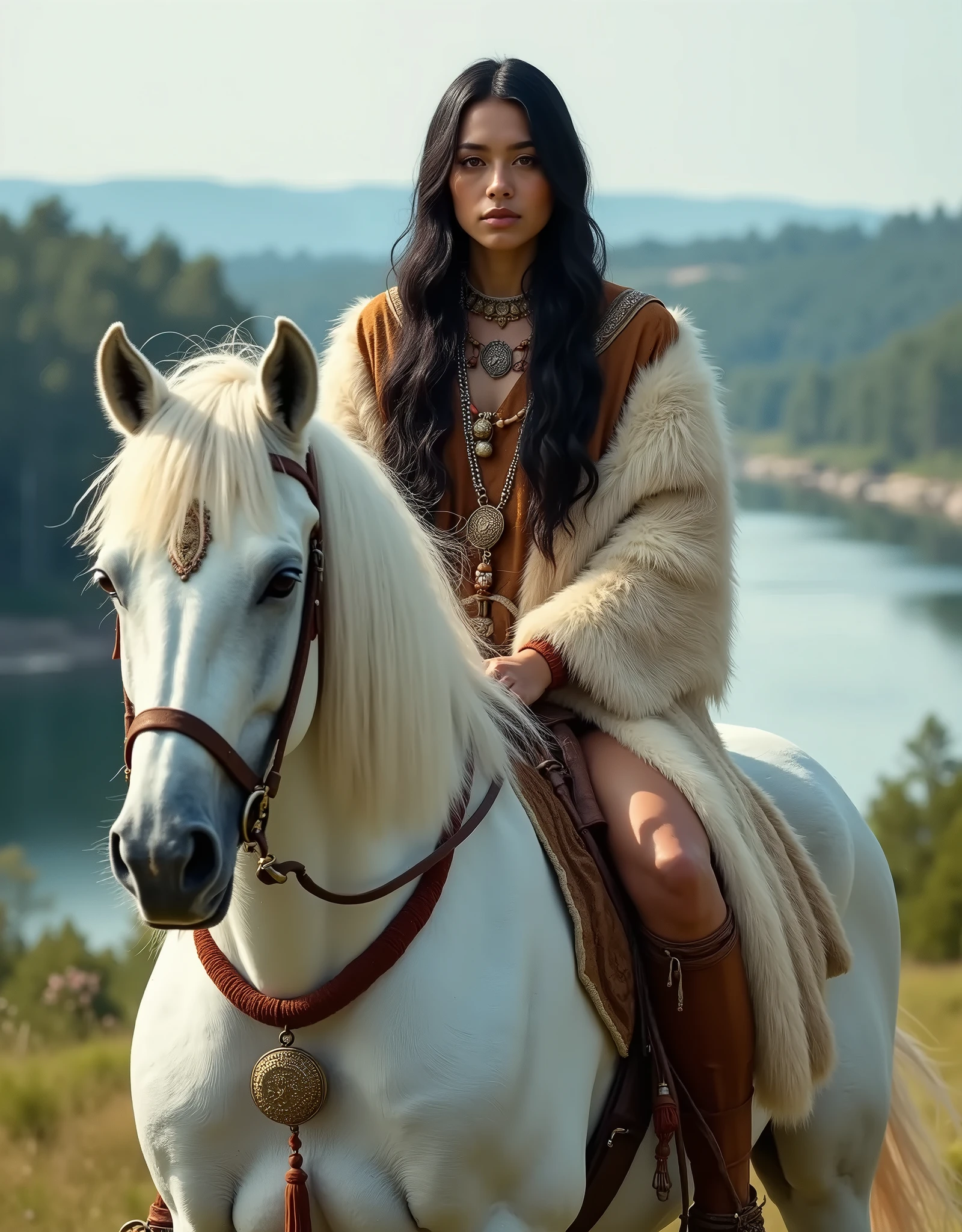 (photorealism, UHD) :((A beautiful indigenous Iroquois woman  , Iroquois Indian),without makeup,face of an Indian woman 20 years old )),  long black curly hair ,  pretty face ,  full body image ,  high detail image , symmetry, wolf fur garment ,amulets ,girl from the Iroquois tribe in national historical clothes, sits on top of her beautiful big beautiful muscular white horse,barebacked, against the backdrop of the river and the beautiful scenery of America and the Great Lakes ,