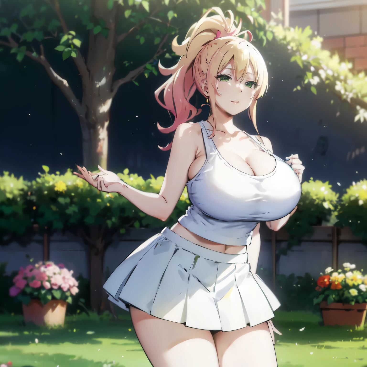 Blonde hair, very huge tits , ((white tank top, short skirt)), ((thick, busty)), green eyes, ponytail hair, upperbody, smile, cleavage, legs, thigh, garden flower background, randome pose