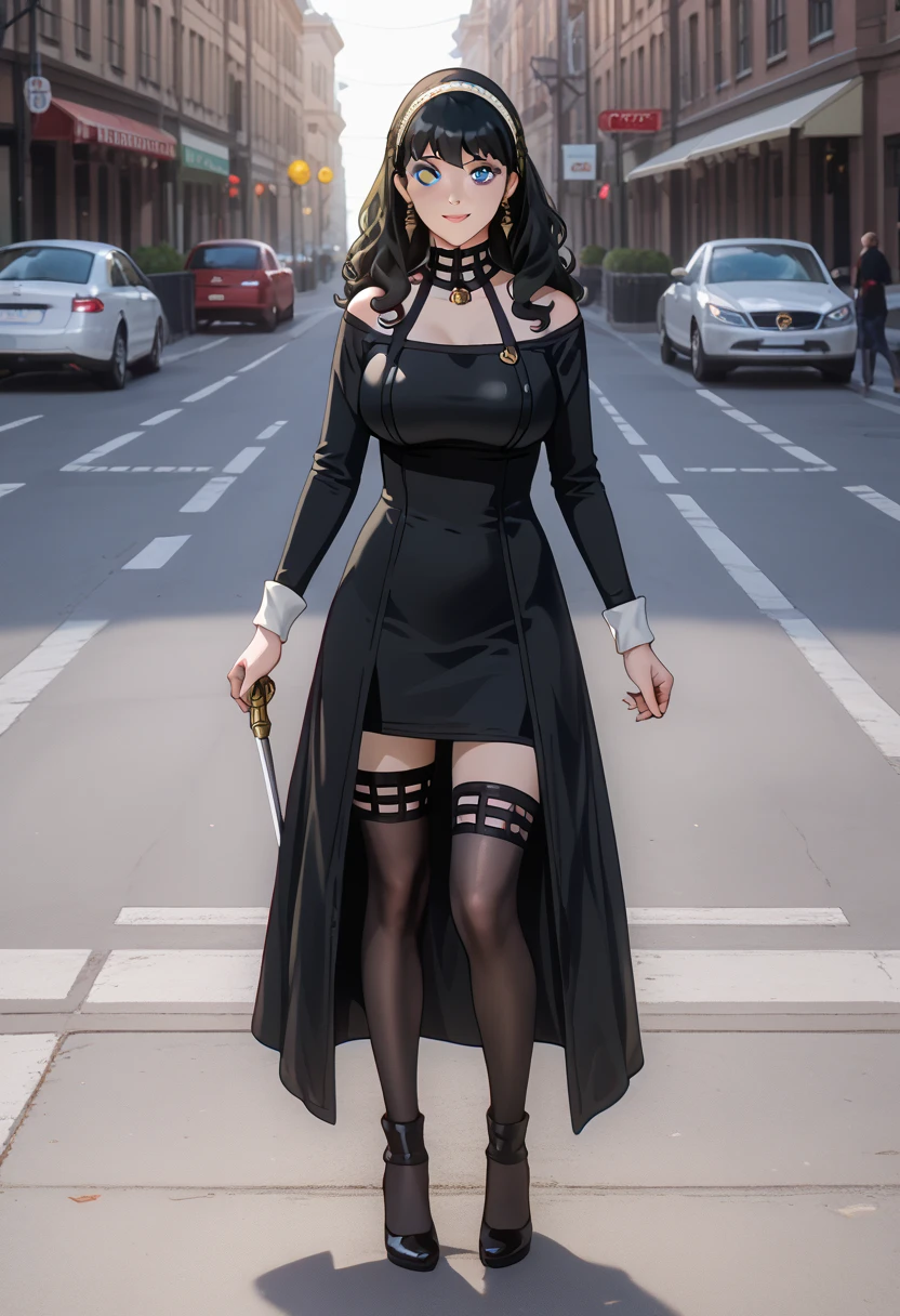 Yor, spy x family, yor forger, anime, ((yoro cosplay)), ((NSFW)),((A very cute caucasian girl cosplaying yor, standing on road side), ((blur background)), 1 girl, wide range photoshoot, wide range, (milf), long beautiful face, clear face, ((hot body)), ((yor dress)), ((spyxfamily)), ((assassin suit dress)), ((cosplay dress)), ((((Huge breasts: 1.2)))), ((erect nipples)), covered, (((Realistic))), ((well dressed)), waist curve pose, front side, (8k, RAW photo, top quality, masterpiece), (Realistic, photorealistic: 1.9), ((Full body shot)), stylish pose, ((Highly detailed skin: 1.2)), ((Realistic: 1.9)), Photos, masterpieces, top quality, (beautiful blue eyes, gorgeous pale grey black curly hair, white skin, thick body, lower abdomen bristles, perfect slim figure), various poses, ultra-detailed face, detailed eyes, a lot of people are looking at her with excitement, (((close-up))), sun light, cinematic, ((photoshoot)), photography