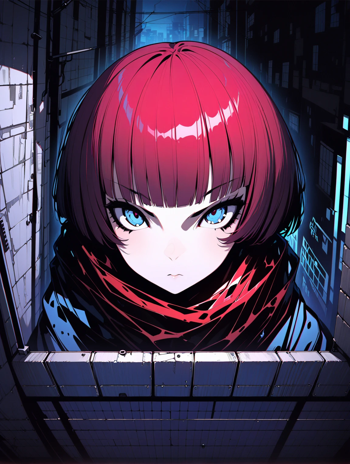 {{{Shincos (Shincos),  Kuvshinov Ilya ( Kuvshinov Ilya), no human}}},  1 girl,  short hair, blue,  close your mouth,  watching viewers,  Facial beauty,  bust up,  Back alley of the city,  Midnight Back Alley