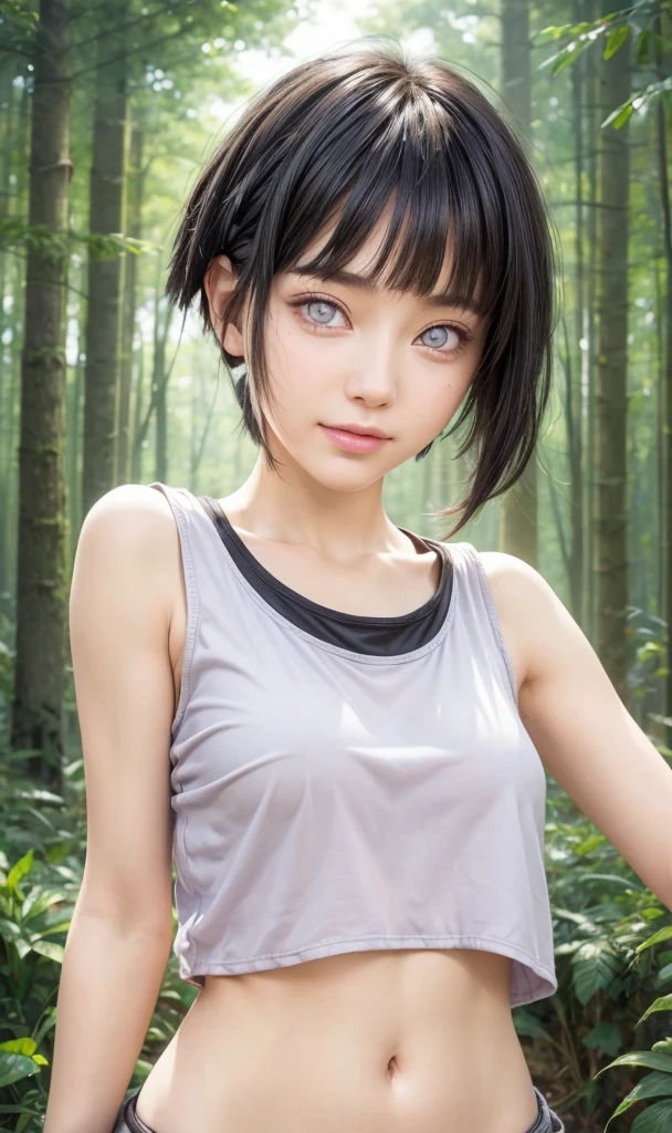 masterpiece, best quality, (realistic,photo-realistic:1.4), (RAW photo:1.2), extremely detailed CG unity 8k wallpaper, delicate and beautiful, amazing,finely detail, official art, absurdres, incredibly absurdres, huge filesize, ultra-detailed,extremely detailed eyes and face,light on face,hinata,(little smile),(black hair:1.4),(undercut hair:1.6),(forest backgrouund:1.4),(byakugan eyes:1.5),(tanktop:1.4)