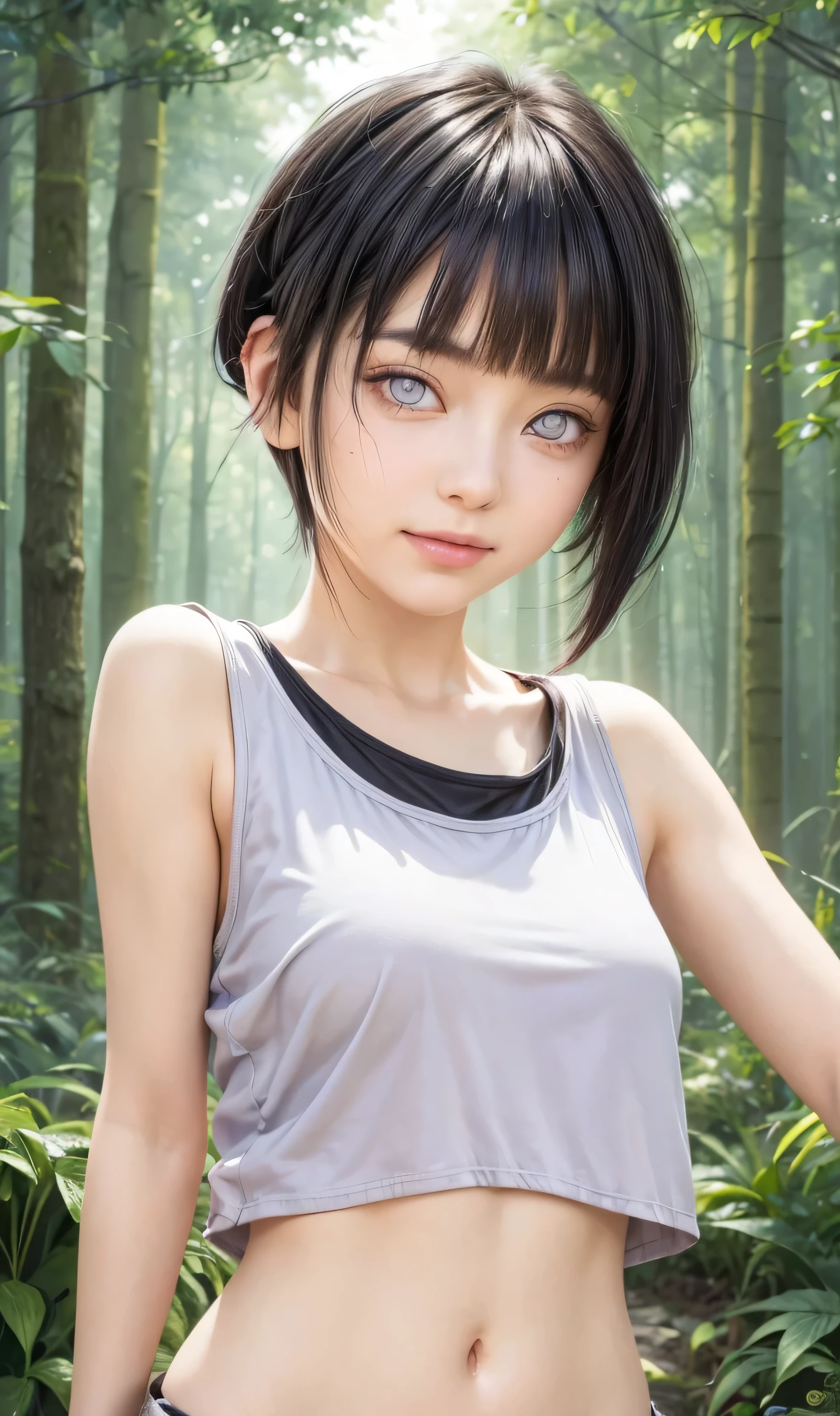 masterpiece, best quality, (realistic,photo-realistic:1.4), (RAW photo:1.2), extremely detailed CG unity 8k wallpaper, delicate and beautiful, amazing,finely detail, official art, absurdres, incredibly absurdres, huge filesize, ultra-detailed,extremely detailed eyes and face,light on face,hinata,(little smile),(black hair:1.4),(undercut hair:1.6),(forest backgrouund:1.4),(byakugan eyes:1.5),(tanktop:1.4)