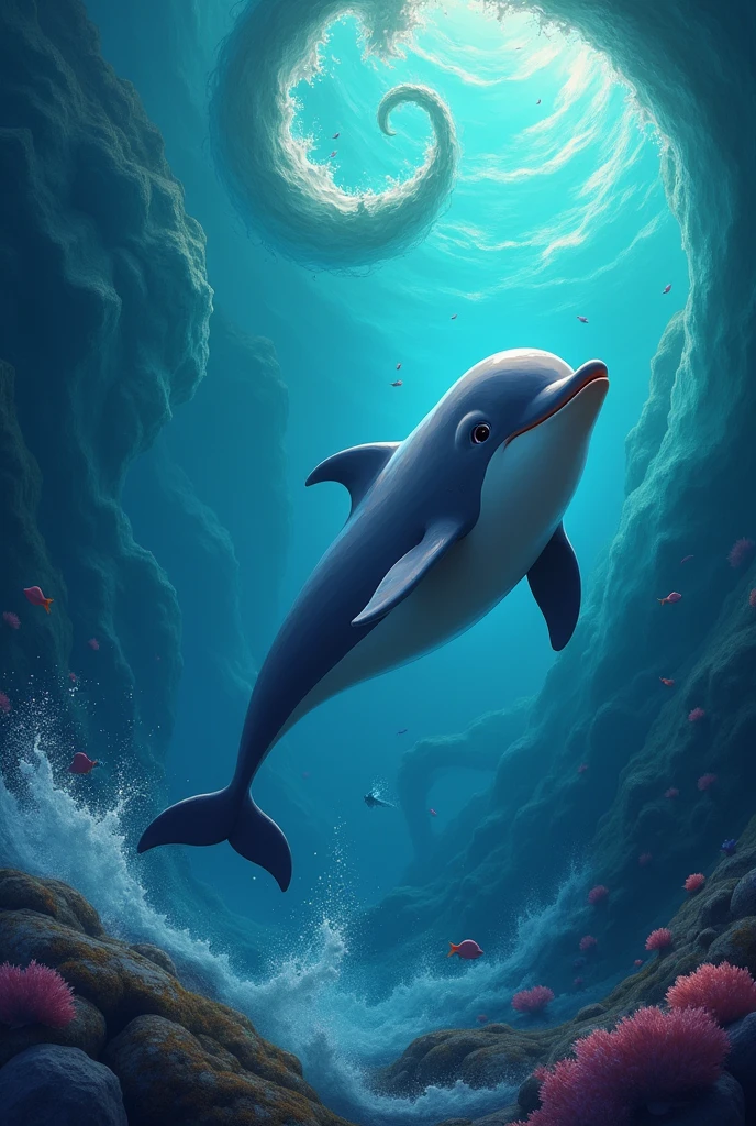  A dolphin swimming in a vast and dark ocean ,  facing strong currents and tides, let the cartoon be animated, pretty and colorful. Following the previous images  