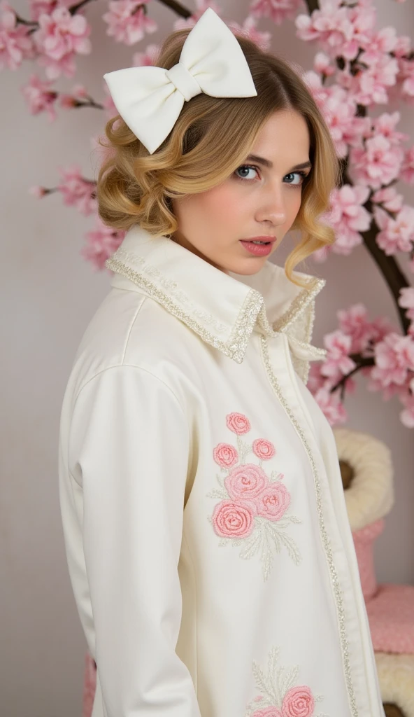 Create a whimsical and enchanting scene featuring a luxurious white coat adorned with delicate pink floral embroidery. The coat should have a vintage-inspired design with a high collar and intricate lace details. Incorporate a large white bow as a hair accessory, complementing cascading golden curls. The overall aesthetic should evoke a sense of elegance, innocence, and springtime charm. Include a soft, dreamy background with muted colors to enhance the magical atmosphere of the composition