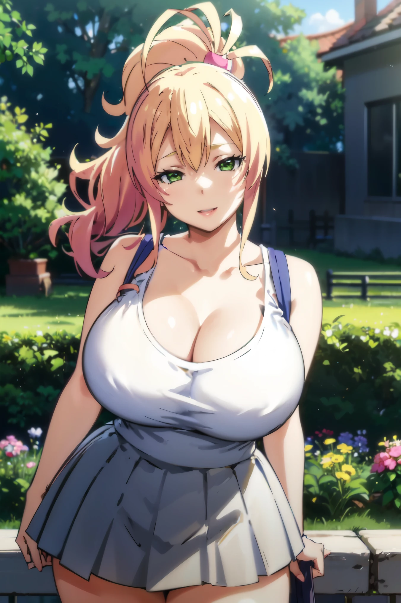 Blonde hair, very huge tits , ((white tank top, short skirt)), ((thick, busty)), green eyes, ponytail hair, upperbody, smile, cleavage, legs, thigh, garden flower background, randome pose