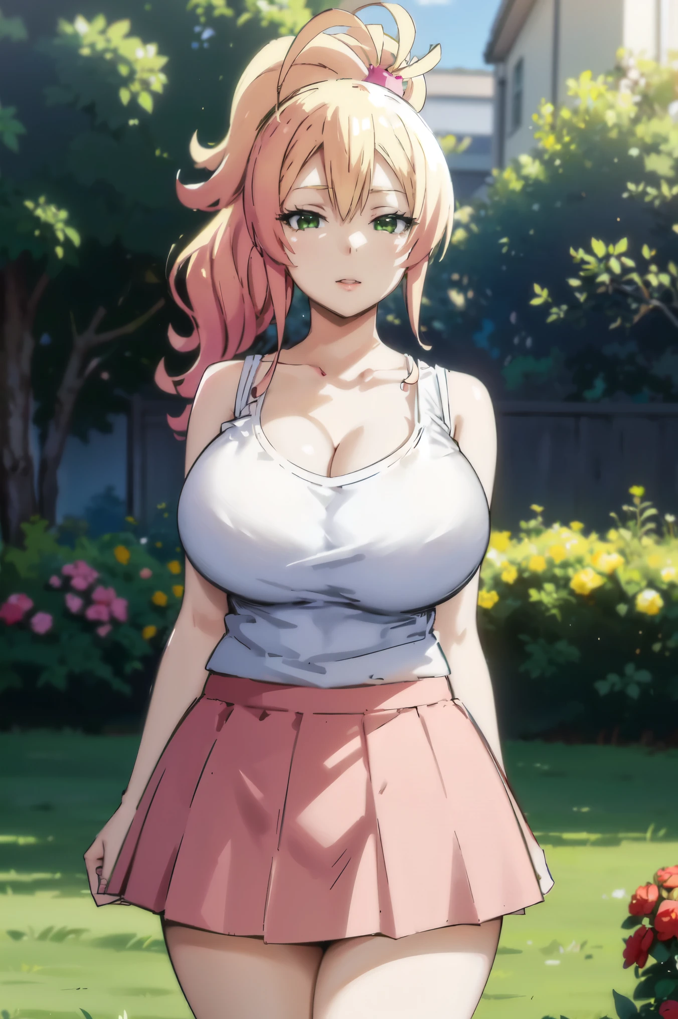 Blonde hair, very huge tits , ((white tank top, short skirt)), ((thick, busty)), green eyes, ponytail hair, upperbody, smile, cleavage, legs, thigh, garden flower background, randome pose