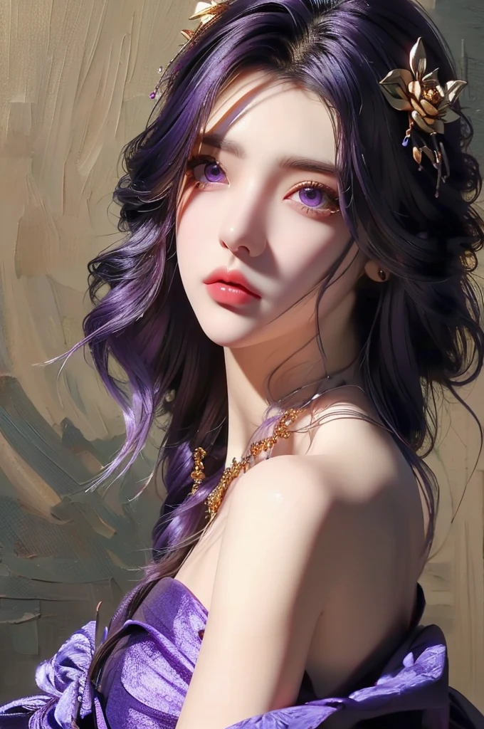 (Best Quality, Masterpiece:1.4), (Realism:1.2), (Realisitc:1.2), (Absurdres:1.2), (photorealistic:1.3), Realistic Skin,Solo,( Very Big Eyes,beautiful detailed eyes, symmetric eyes,), ((cowboy shot)),1girl,solo,             
breathtaking yunxi,1girl,hair ornament,solo,dress,long hair,black hair,Solid gold hair accessories,Gold flower headdress,purple dress,jewelry,purple eyes,looking at viewer,expressionless,blue dress,bare shoulders,see-through,purple hair, illustration, an extremely delicate and beautiful, extremely detailed ,CG,unity,8k wallpaper,