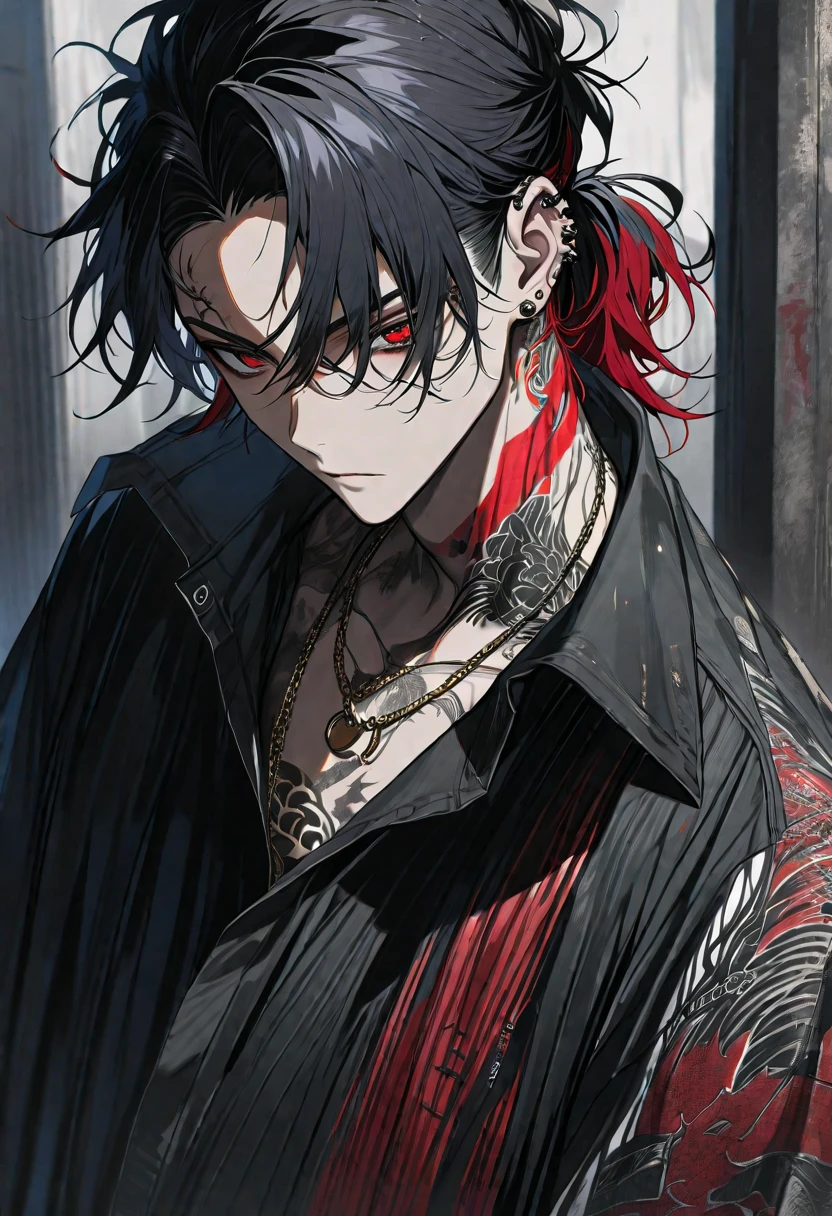 (Alone), (1 male), (Black hair with red inner hair color),  (ponytail),(Man Bun),(Red eyes), (Black Shirt),(a dirty look),( Stylish),(Ear Piercing),(tattoo on neck), (gold necklace),(Oversized shirt),(Face up)