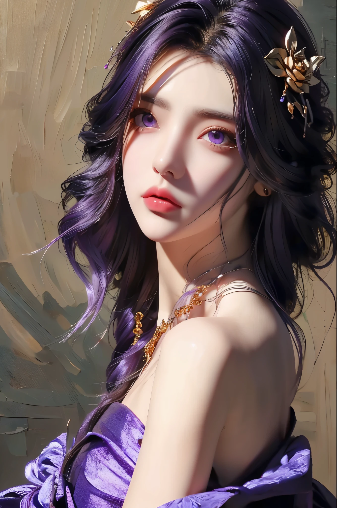 (Best Quality, Masterpiece:1.4), (Realism:1.2), (Realisitc:1.2), (Absurdres:1.2), (photorealistic:1.3), Realistic Skin,Solo,( Very Big Eyes,beautiful detailed eyes, symmetric eyes,), ((cowboy shot)),1girl,solo,             
breathtaking yunxi,1girl,hair ornament,solo,dress,long hair,black hair,Solid gold hair accessories,Gold flower headdress,purple dress,jewelry,purple eyes,looking at viewer,expressionless,blue dress,bare shoulders,see-through,purple hair, illustration, an extremely delicate and beautiful, extremely detailed ,CG,unity,8k wallpaper,