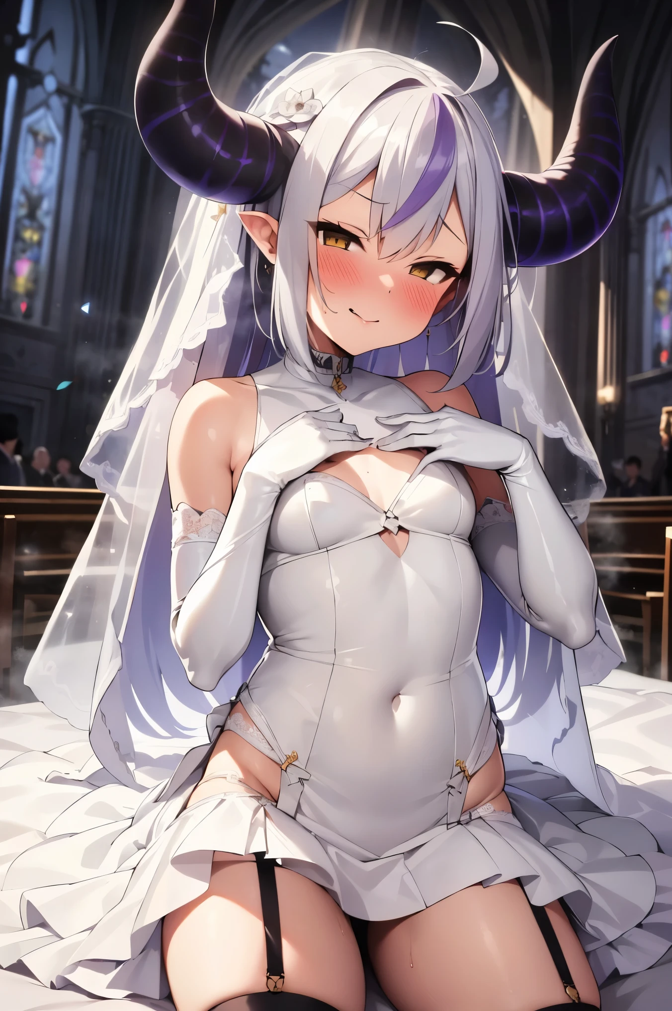 <lora:happoubi_jin_style_pony:0.8> score_9, score_8_up, score_7_up, score_6_up, score_5_up, score_4_up, source anime, happoubi_jin, 1girl, dress, oni horns, breasts, horns, gloves, jewelry, white gloves, long hair, white dress, thighhighs, wedding dress, purple eyes, lying, garter straps, necklace, looking at viewer, black hair, cleavage, solo, white thighhighs, high heels, veil, very long hair, strapless, bridal veil, underwear, parted lips, white panties, white footwear, strapless dress, glint, bangs, bare shoulders