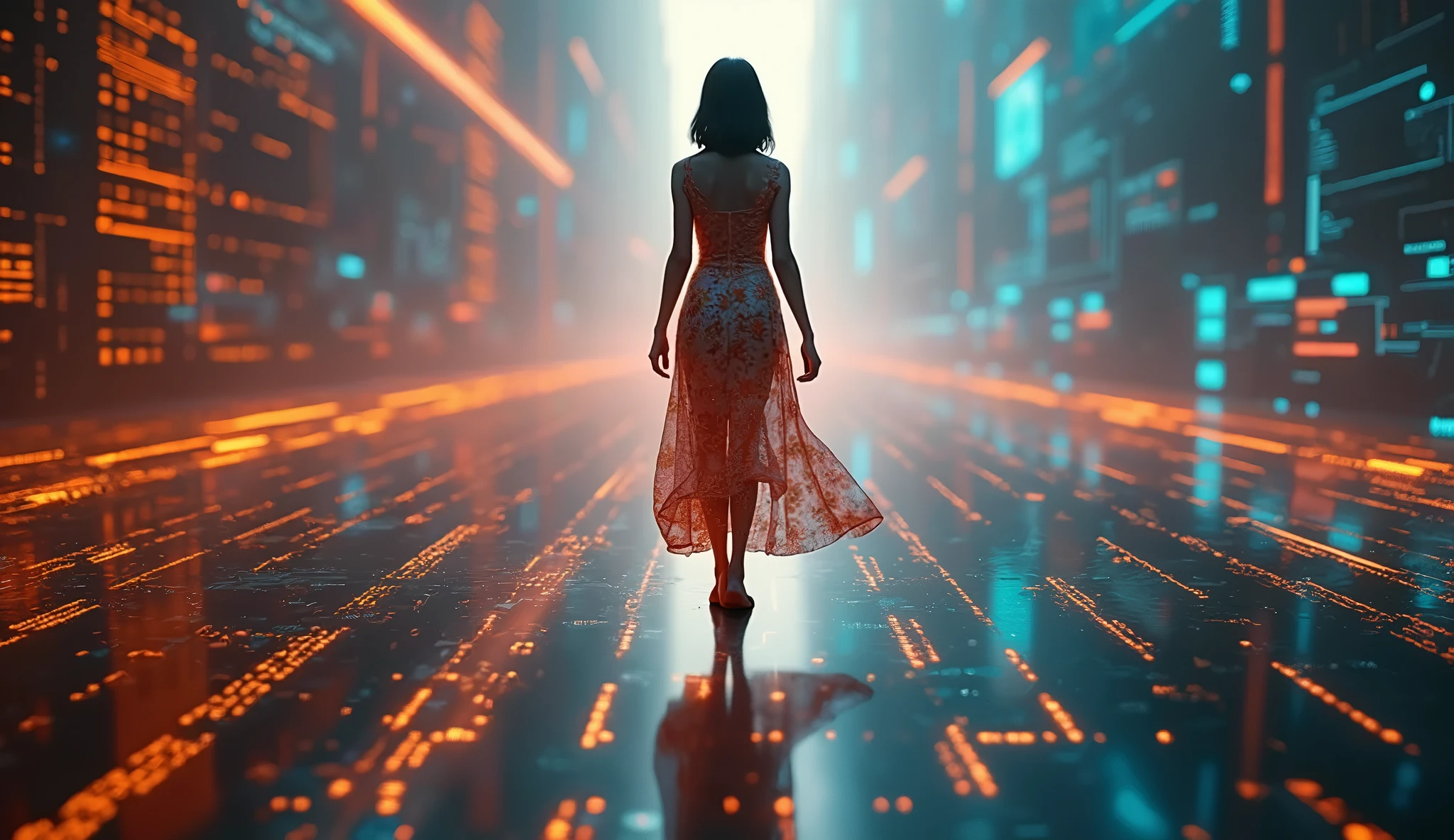 glass world, sparkling glass buildings, glass floor with refracted sunlight, transparent glass car, Blue glass sky, rainbow-colored light, woman standing in a beautiful glass dress, 고화질, Masterpiece, super high resolution, Ultra Detailed Description, Realistic, photorealistic, HDR, studio lighting, ultra-detailed, Professional , vivid colors, Bokeh