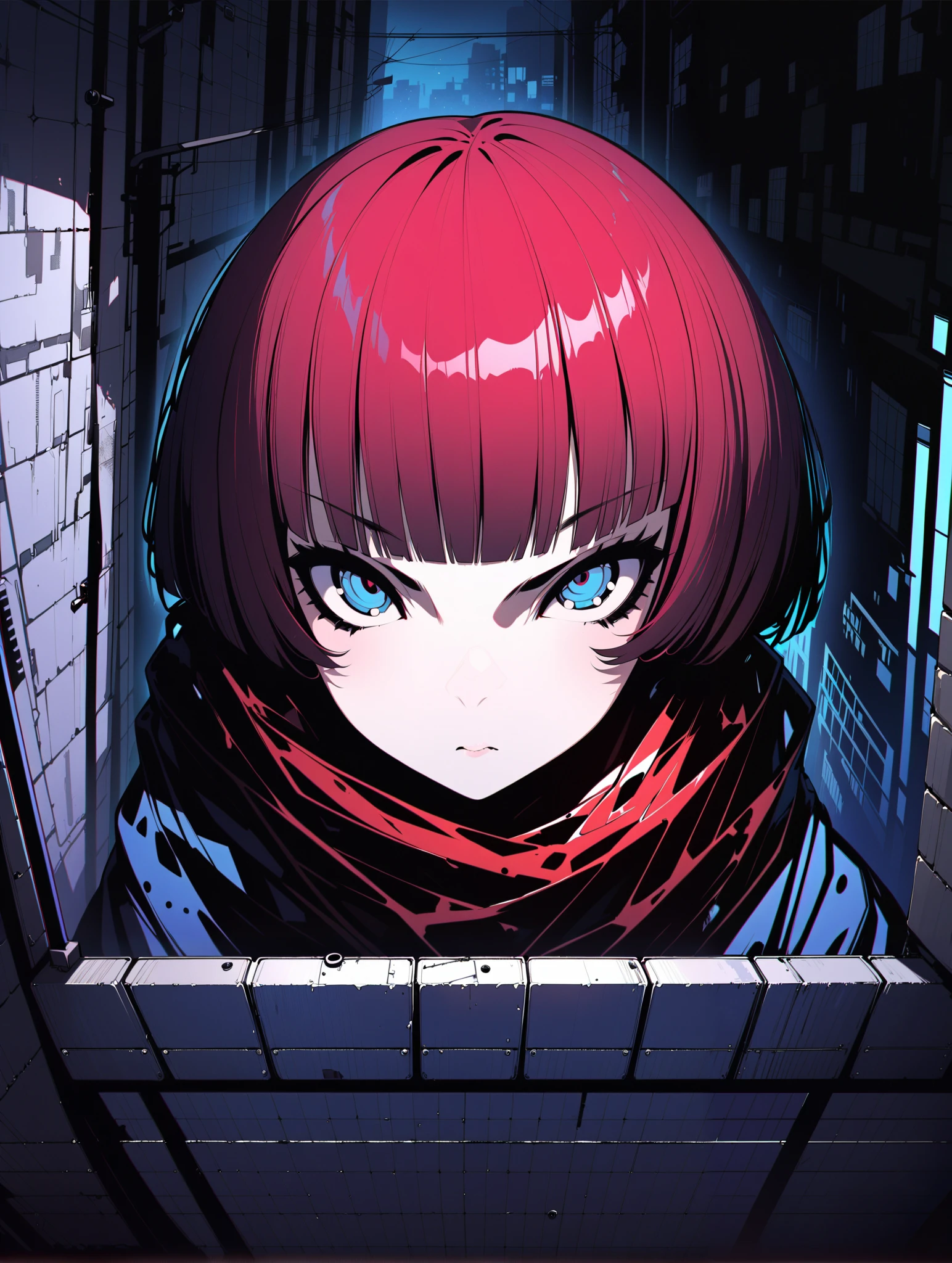 {{{Shincos (Shincos),  Kuvshinov Ilya ( Kuvshinov Ilya), no human}}},  1 girl,  short hair, blue,  close your mouth,  watching viewers,  Facial beauty,  bust up,  Back alley of the city,  Midnight Back Alley