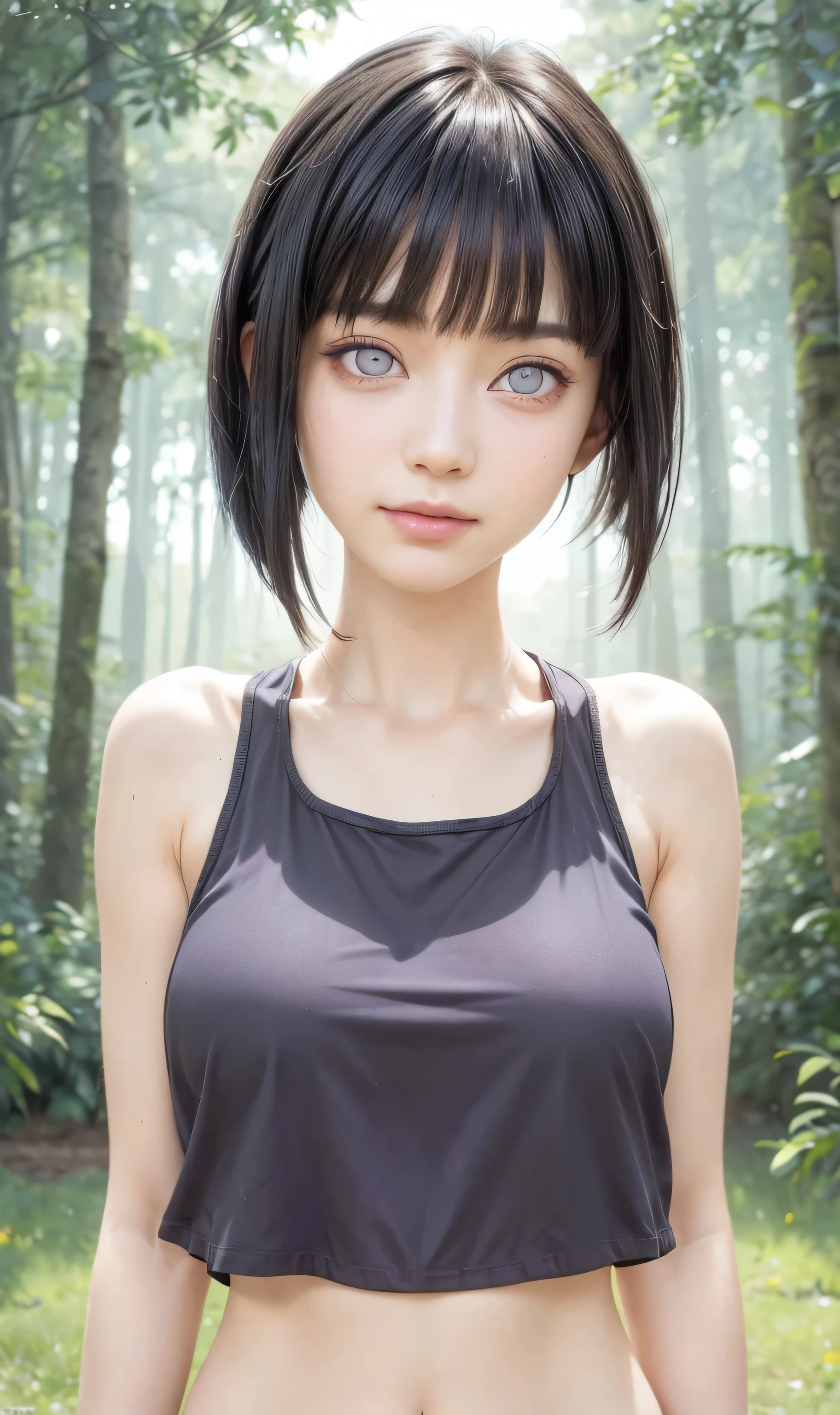 masterpiece, best quality, (realistic,photo-realistic:1.4), (RAW photo:1.2), extremely detailed CG unity 8k wallpaper, delicate and beautiful, amazing,finely detail, official art, absurdres, incredibly absurdres, huge filesize, ultra-detailed,extremely detailed eyes and face,light on face,hinata,(little smile),(black hair:1.4),(undercut hair:1.6),(forest backgrouund:1.4),(byakugan eyes:1.5),(tanktop:1.4)