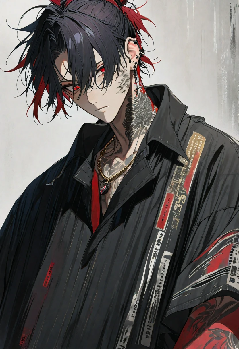 (Alone), (1 male), (Black hair with red inner hair color),  (ponytail),(Man Bun),(Red eyes), (Black Shirt),(a dirty look),( Stylish),(Ear Piercing),(tattoo on neck), (gold necklace),(Oversized shirt),(Face up)