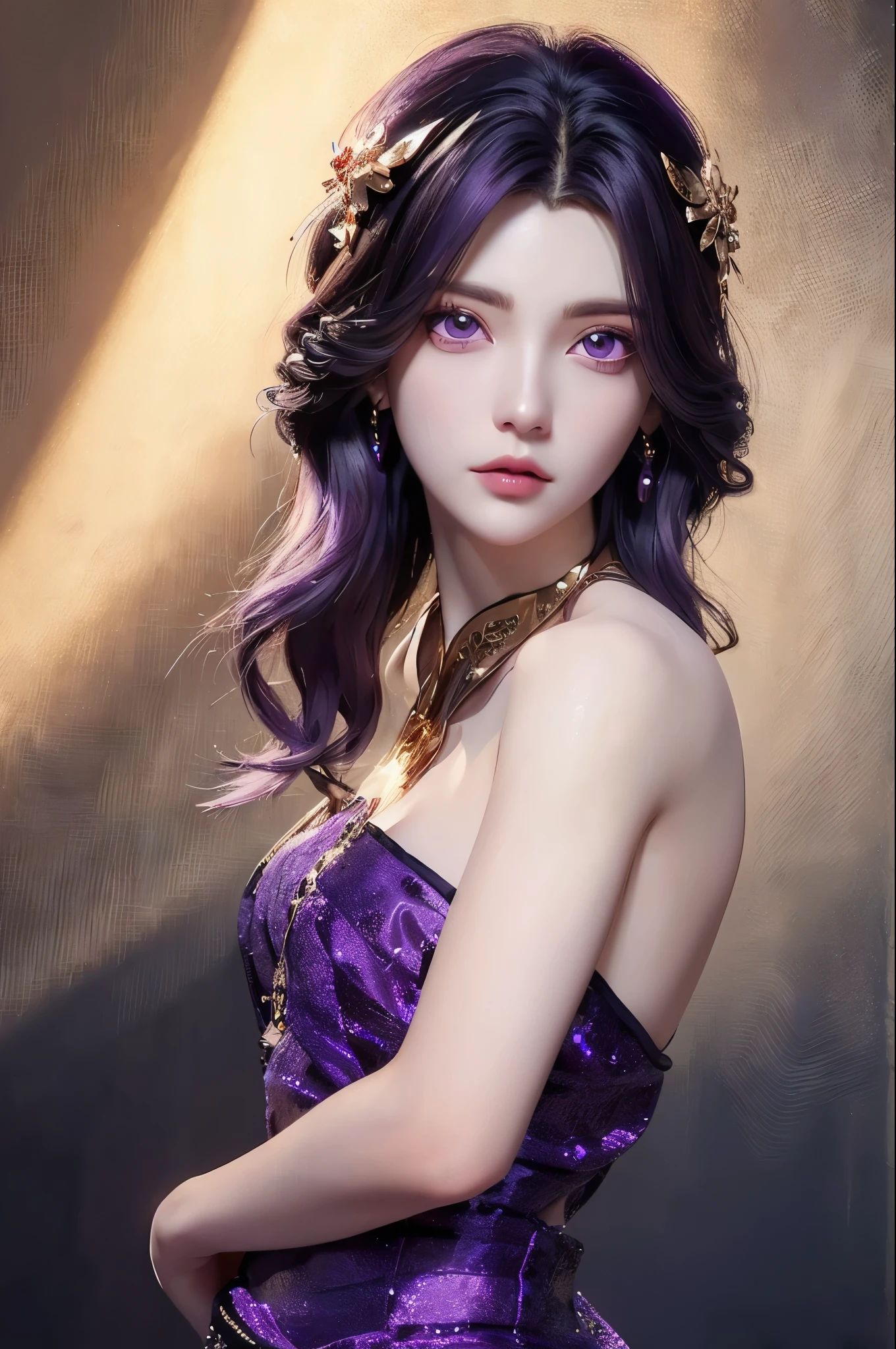 (Best Quality, Masterpiece:1.4), (Realism:1.2), (Realisitc:1.2), (Absurdres:1.2), (photorealistic:1.3), Realistic Skin,Solo,( Very Big Eyes,beautiful detailed eyes, symmetric eyes,), ((cowboy shot)),1girl,solo,             
breathtaking yunxi,1girl,hair ornament,solo,dress,long hair,black hair,Solid gold hair accessories,Gold flower headdress,purple dress,jewelry,purple eyes,looking at viewer,expressionless,blue dress,bare shoulders,see-through,purple hair, illustration, an extremely delicate and beautiful, extremely detailed ,CG,unity,8k wallpaper,