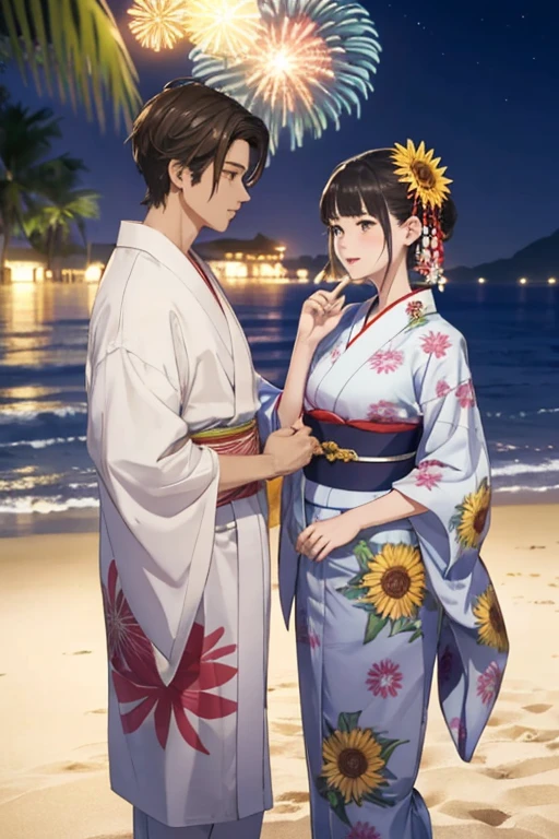 Under the bright lighting of the night pool、A woman with a face like a Japan idol is standing in a swimsuit with a smile。breasts are large、With the fun atmosphere around、Please give me an illustration that expresses the brilliance of a summer night.