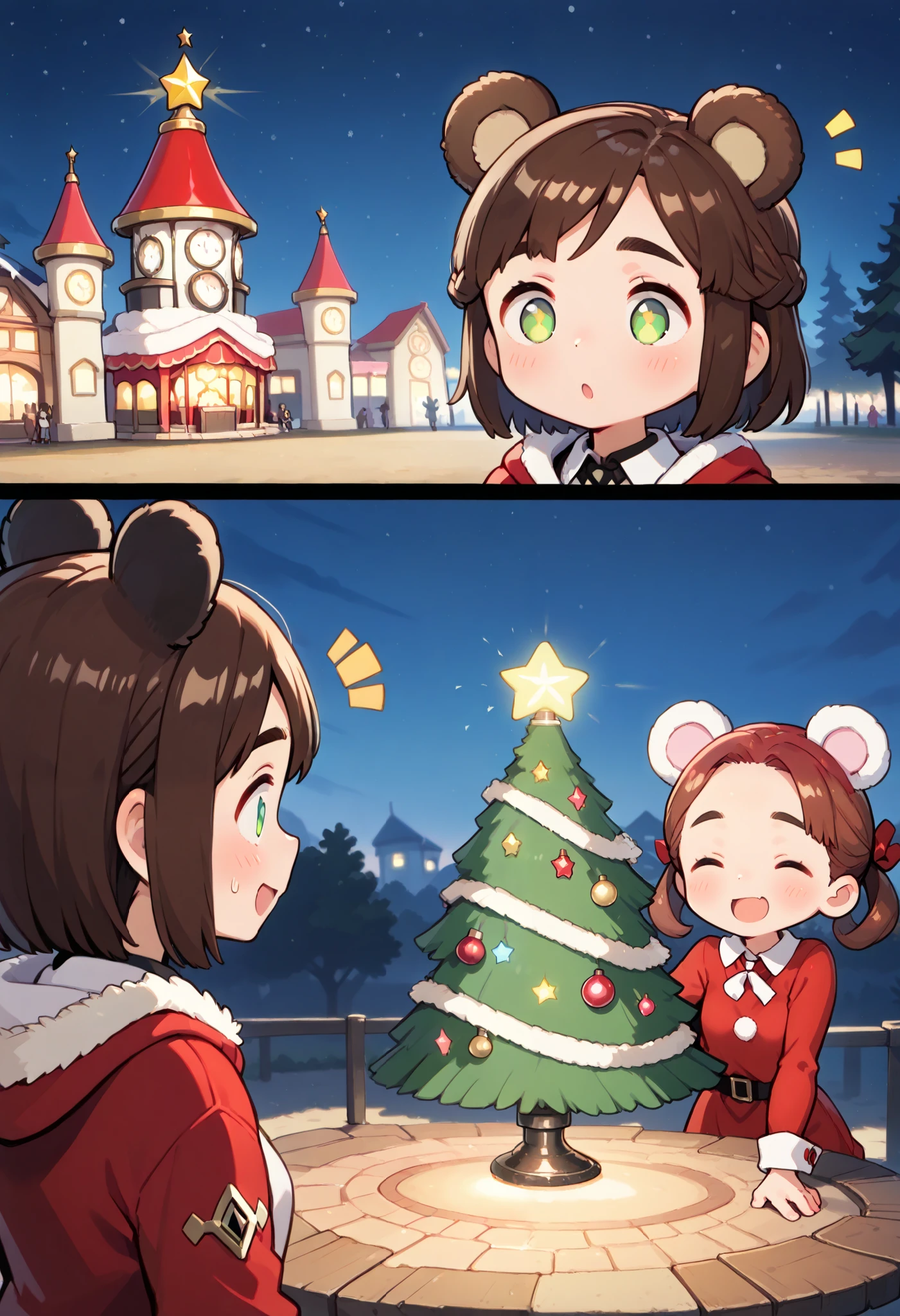 Masterpiece, Best quality,  Cute Girl，Bear ears,Christmas，Christmas tree,amusement park ,happy,curious,joy, Glowing, Silly, mystery, magic, Arcane, Funny , Interesting,8K,16k