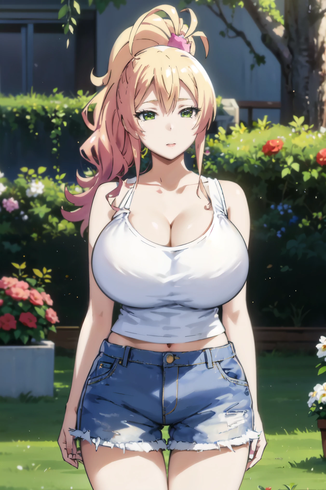 Blonde hair, very huge tits , ((white tank top, short jeans pants)), ((thick, busty)), green eyes, ponytail hair, upperbody, smile, cleavage, legs, thigh, garden flower background, randome pose