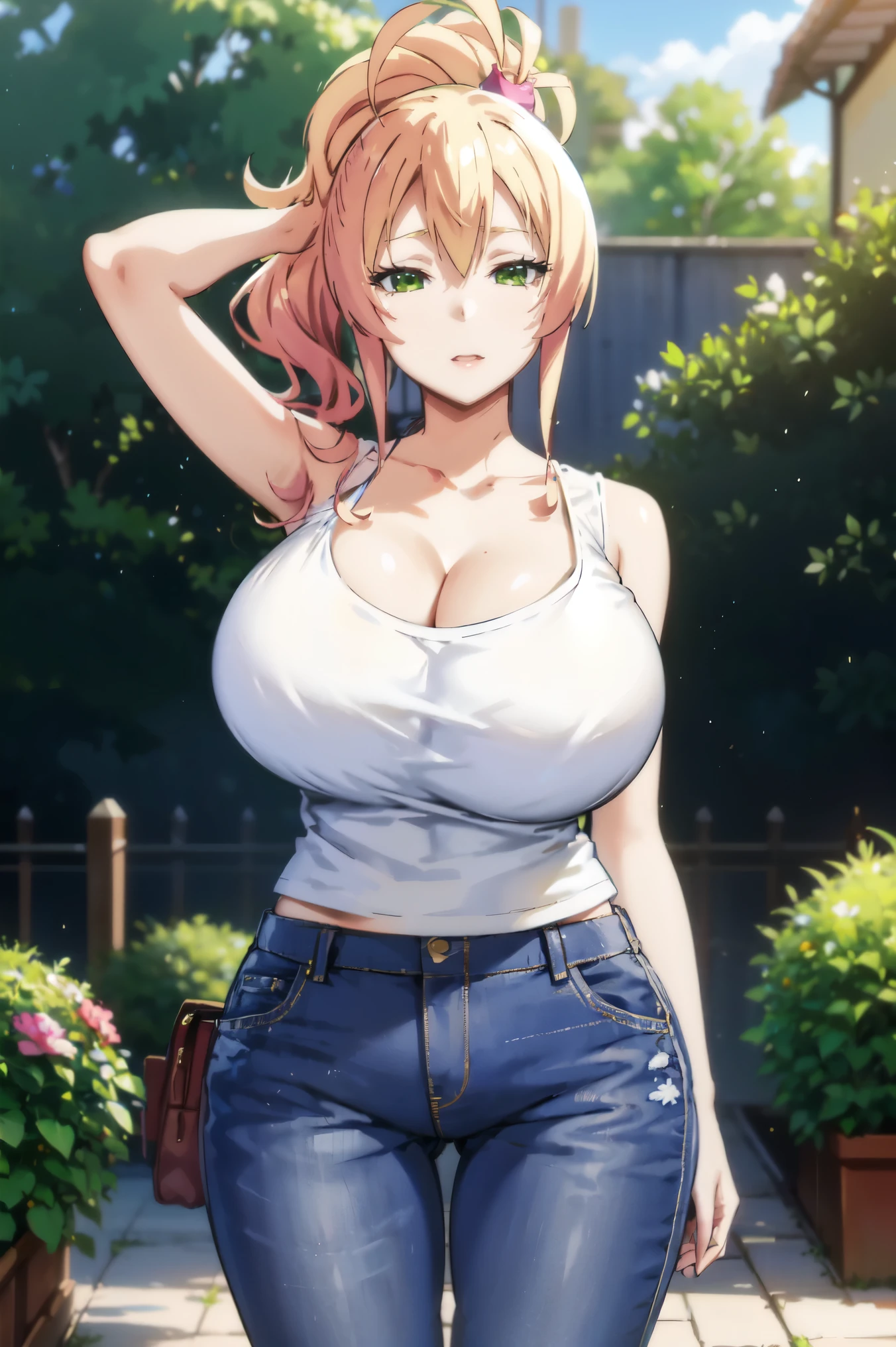 Blonde hair, very huge tits , ((white tank top, short jeans pants)), ((thick, busty)), green eyes, ponytail hair, upperbody, smile, cleavage, legs, thigh, garden flower background, randome pose