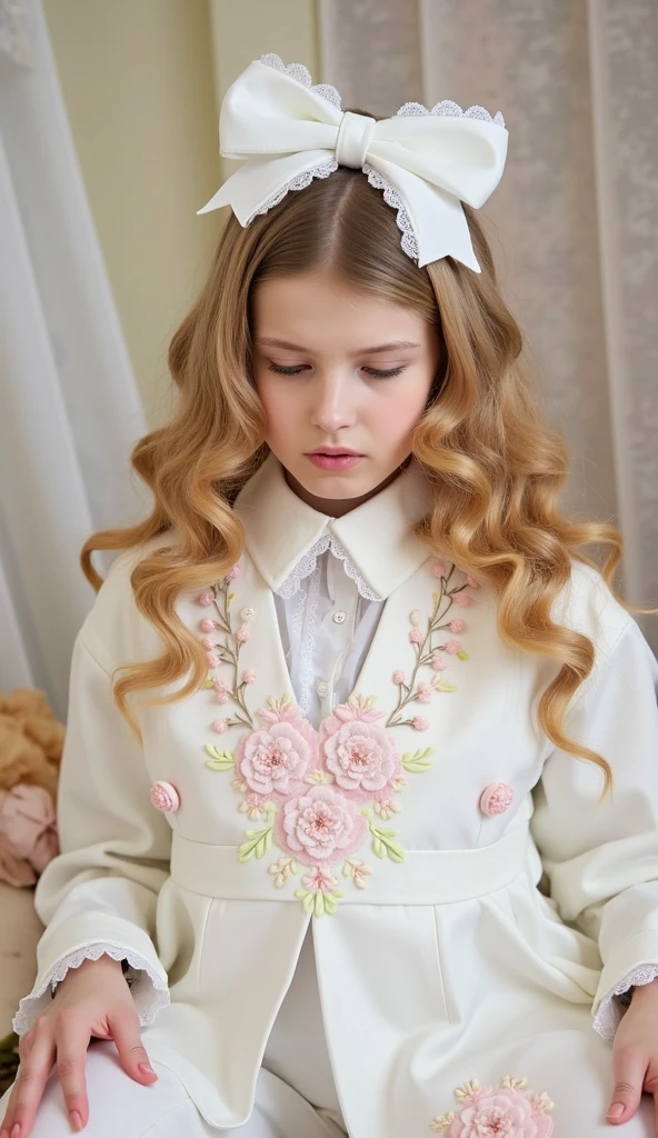 Create a whimsical and enchanting scene featuring a luxurious white coat adorned with delicate pink floral embroidery. The coat should have a vintage-inspired design with a high collar and intricate lace details. Incorporate a large white bow as a hair accessory, complementing cascading golden curls. The overall aesthetic should evoke a sense of elegance, innocence, and springtime charm. Include a soft, dreamy background with muted colors to enhance the magical atmosphere of the composition