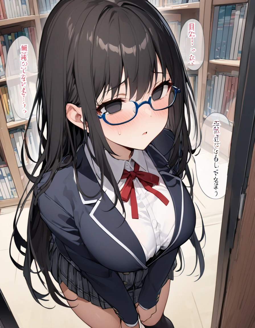 （masterpiece, Best Quality:1.2)、nsfw, high school girl、Black Hair、very long hair、Black Eyes、empty eyes、 slender、(((Glasses)))、黒いschool uniform, 黒のmiddle breast, blazer,  red ribbon、skirt、 black socks 、（close mouth）、（no expression）、  No Emotion、male、 penis、sex、standing doggy,、Library、 side view、 points of view