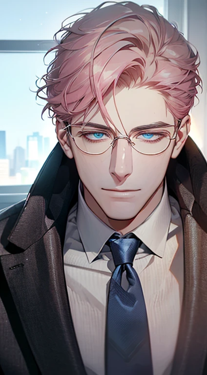 (best quality,4k,8k,highres,masterpiece:1.2),ultra-detailed,(realistic,photorealistic,photo-realistic:1.37),cinematic lighting,hdr image,beautiful mature man,extremely detailed handsome face,short grey pink hair,blue eyes,beautiful smile,buttoning jacket,CEO,wearing glasses