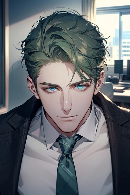 (best quality,4k,8k,highres,masterpiece:1.2),ultra-detailed,(realistic,photorealistic,photo-realistic:1.37),1 man,31 years old,mature man,very handsome,without expression,smile,short green hair,blue eyes,penetrating gaze,perfect face without errors,imposing posture,businessman,office background,cinematic lighting,hdr image