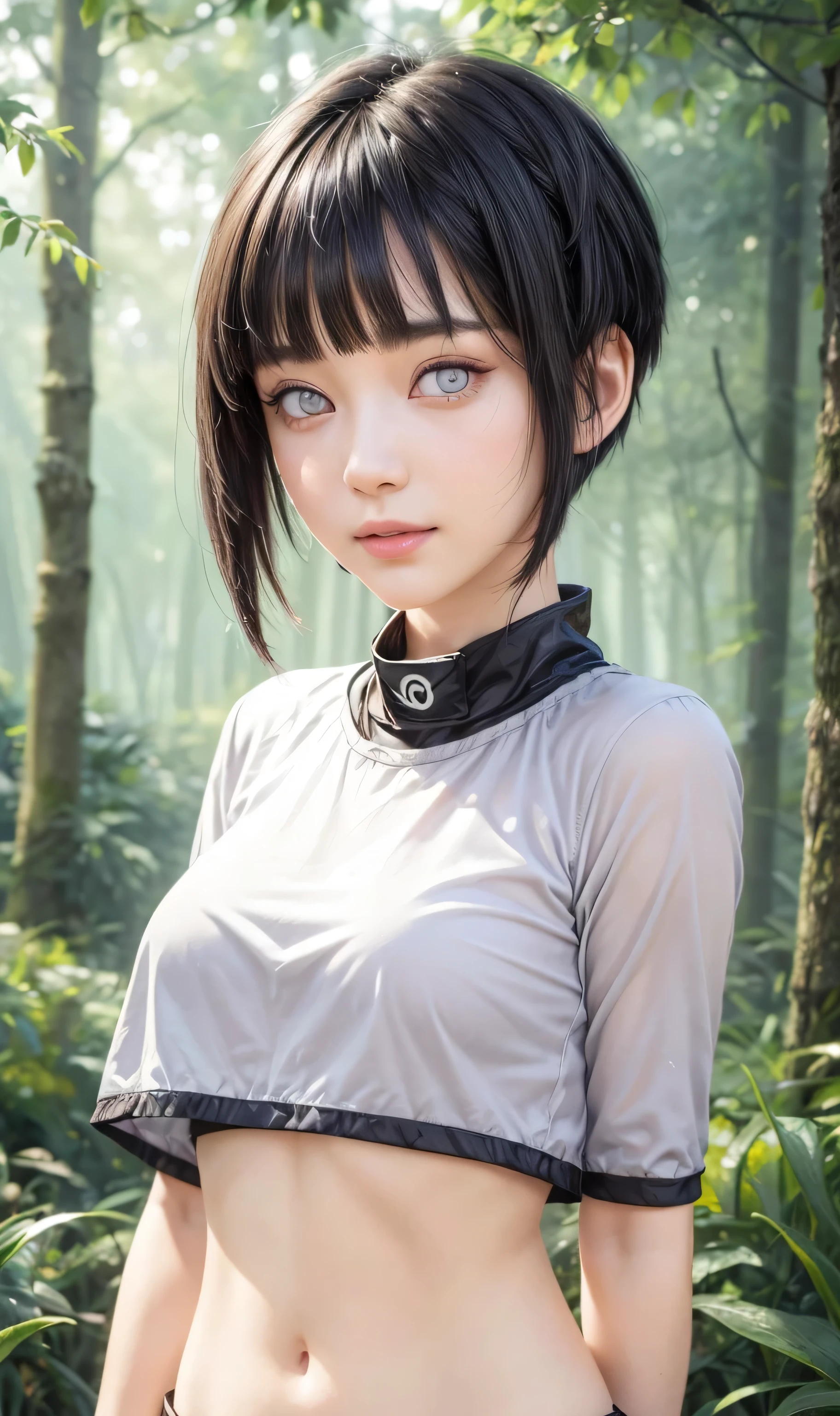 masterpiece, best quality, (realistic,photo-realistic:1.4), (RAW photo:1.2), extremely detailed CG unity 8k wallpaper, delicate and beautiful, amazing,finely detail, official art, absurdres, incredibly absurdres, huge filesize, ultra-detailed,extremely detailed eyes and face,light on face,hinata,(little smile),(black hair:1.4),(undercut hair:1.6),(forest backgrouund:1.4),(byakugan eyes:1.5),(croptop:1.4)