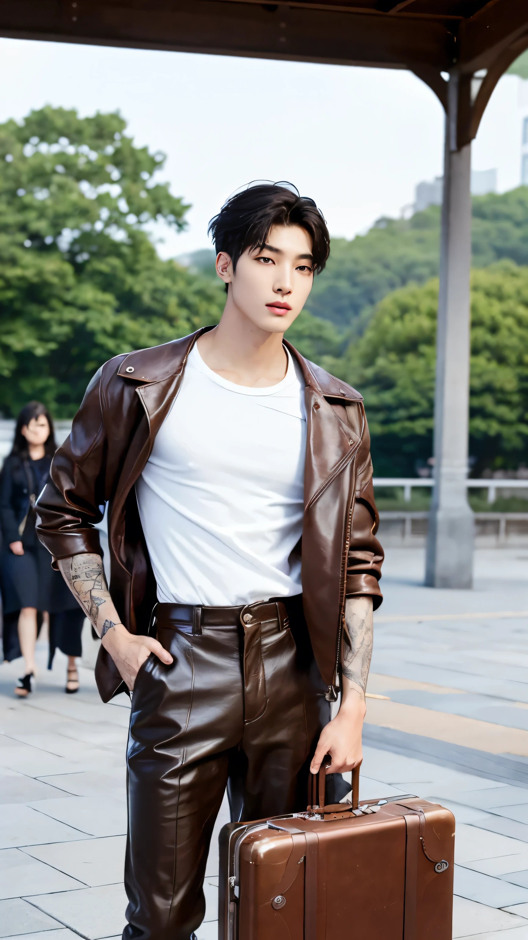 Wonoo Seventeen,A young, athletic Korean male model in his mid-20s with short, styled black hair that is slightly tousled. His features are sharp, with high cheekbones, a defined jawline, and expressive dark brown eyes. He has a lean, muscular build with defined arms, shoulders, and chest, complemented by clear, warm-toned skin,(((Young male model, holding a Large vintage-style leather suitcase))), standing confidently. Details: Wearing a fitted white T-shirt, sleeves rolled up to reveal toned arms and chest. He has a minimalist tattoo on his forearm,Background is Outdoor station platform beside a vintage train, with open train doors beside him. Lighting: Late afternoon natural light, casting soft, long shadows on the platform. Style: High-fashion magazine with a focus on modern elegance. Mood / Atmosphere: Confident and ready for adventure. Camera Angle: Mid-shot from a low angle to emphasize physique. Quality & Resolution: Ultra-realistic, 4K resolution with detailed skin and texture. Other Specifics: Light breeze moving through his hair for a natural effect. Quality & Resolution: Ultra-realistic, 4K resolution, detailed skin texture Other Specifics: Slight wind effect on his hair for a natural look
