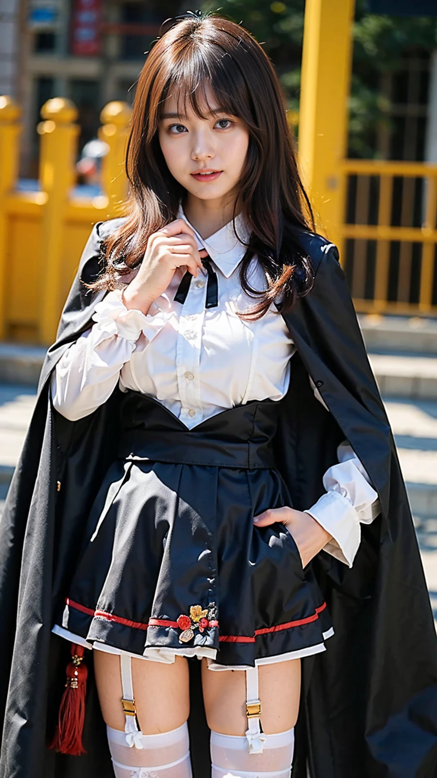 (masterpiece, best quality:1.2), cowboy shot, solo, 1girl, ayanokouji rem, smile, looking at viewer, long sleeves, capelet, red skirt, thighhighs